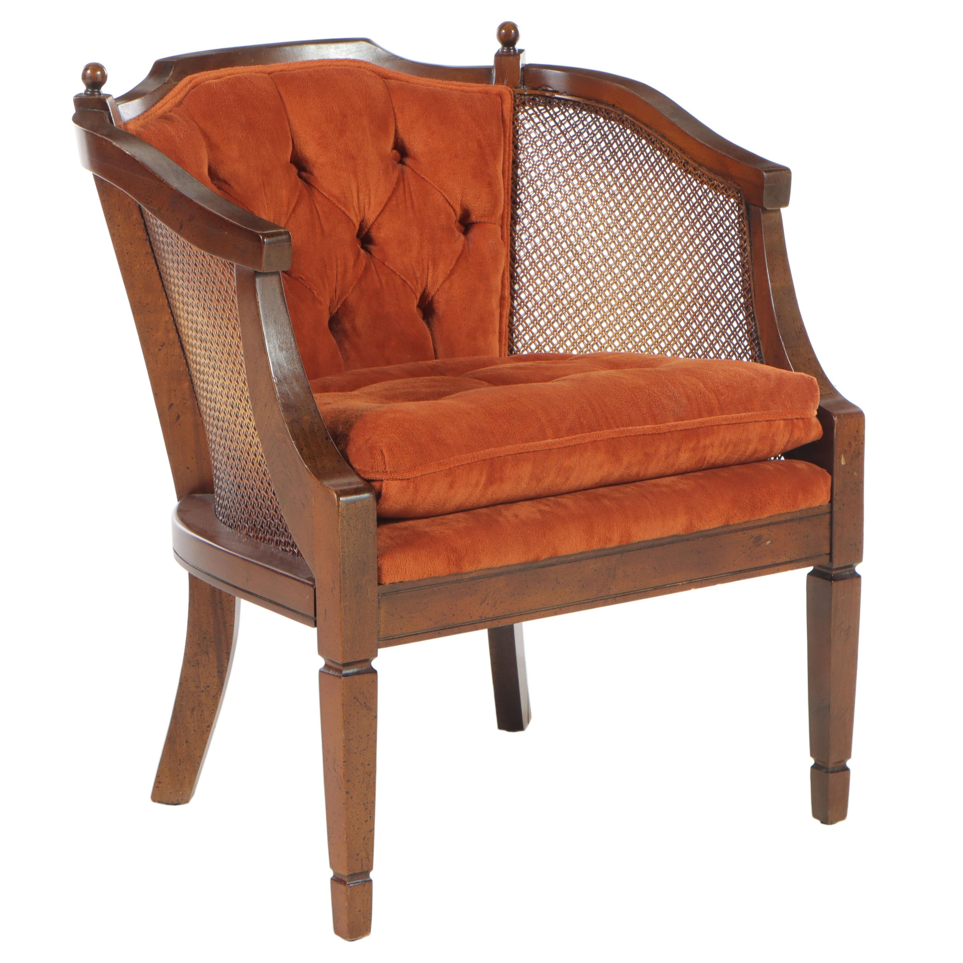 Neoclassical Style Buttoned-Down and Caned Hardwood Armchair, circa 1970