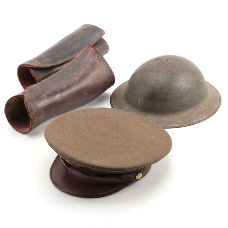 World War I and II Era Leg Gaiters, Brodie Helmet and Officer's Cap