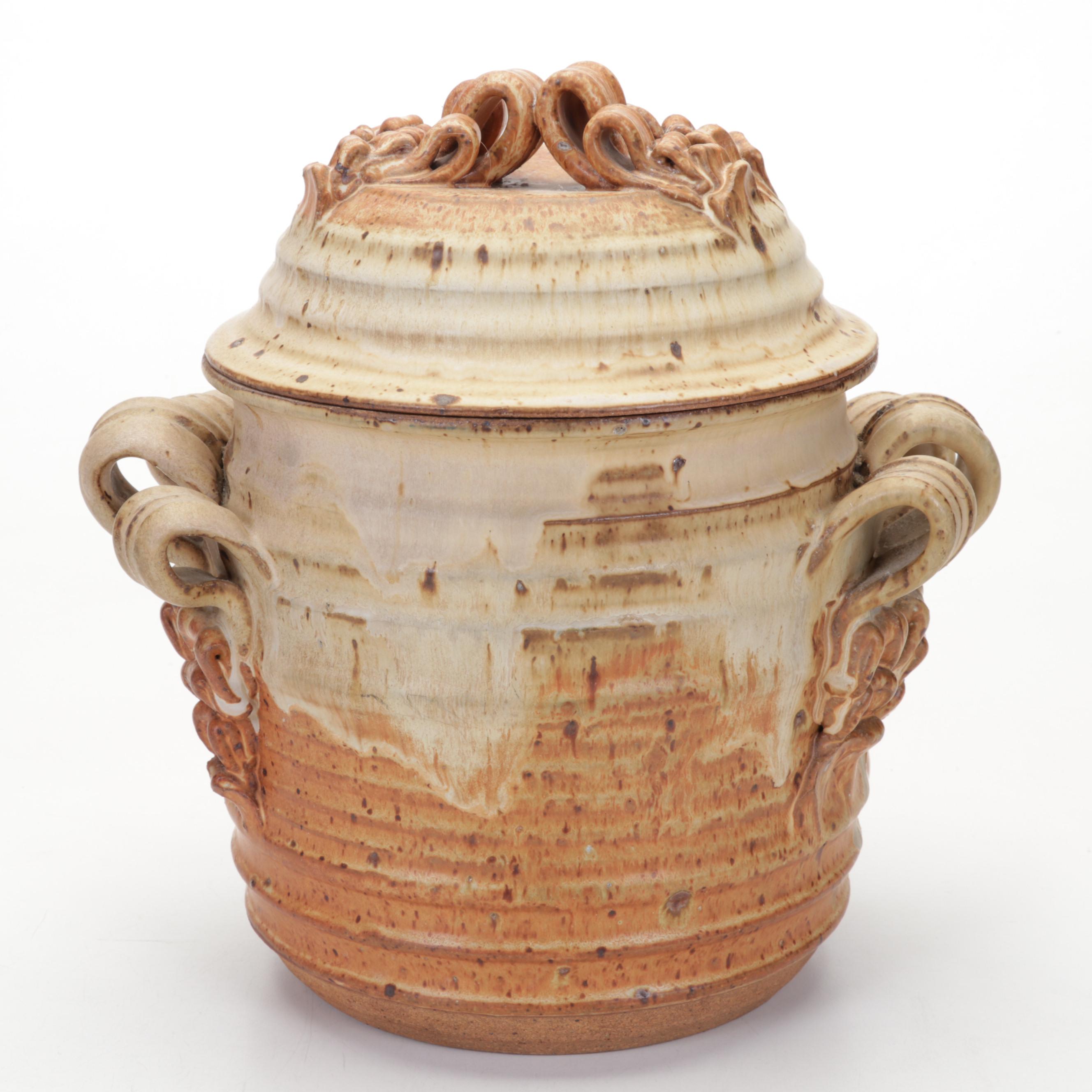 Thomas Reece Ribbon Handled Stoneware Lidded Jar