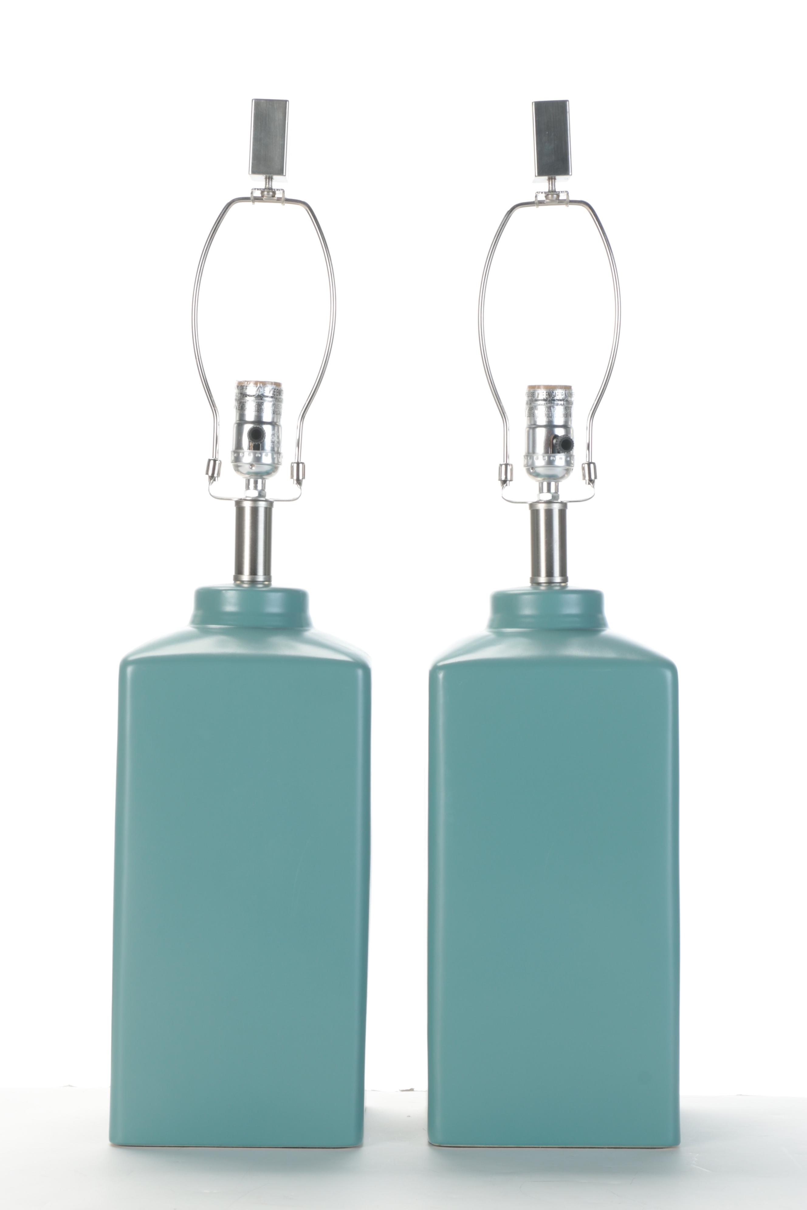 Contemporary Blue Glazed Ceramic Table Lamps with Rectangular Shades