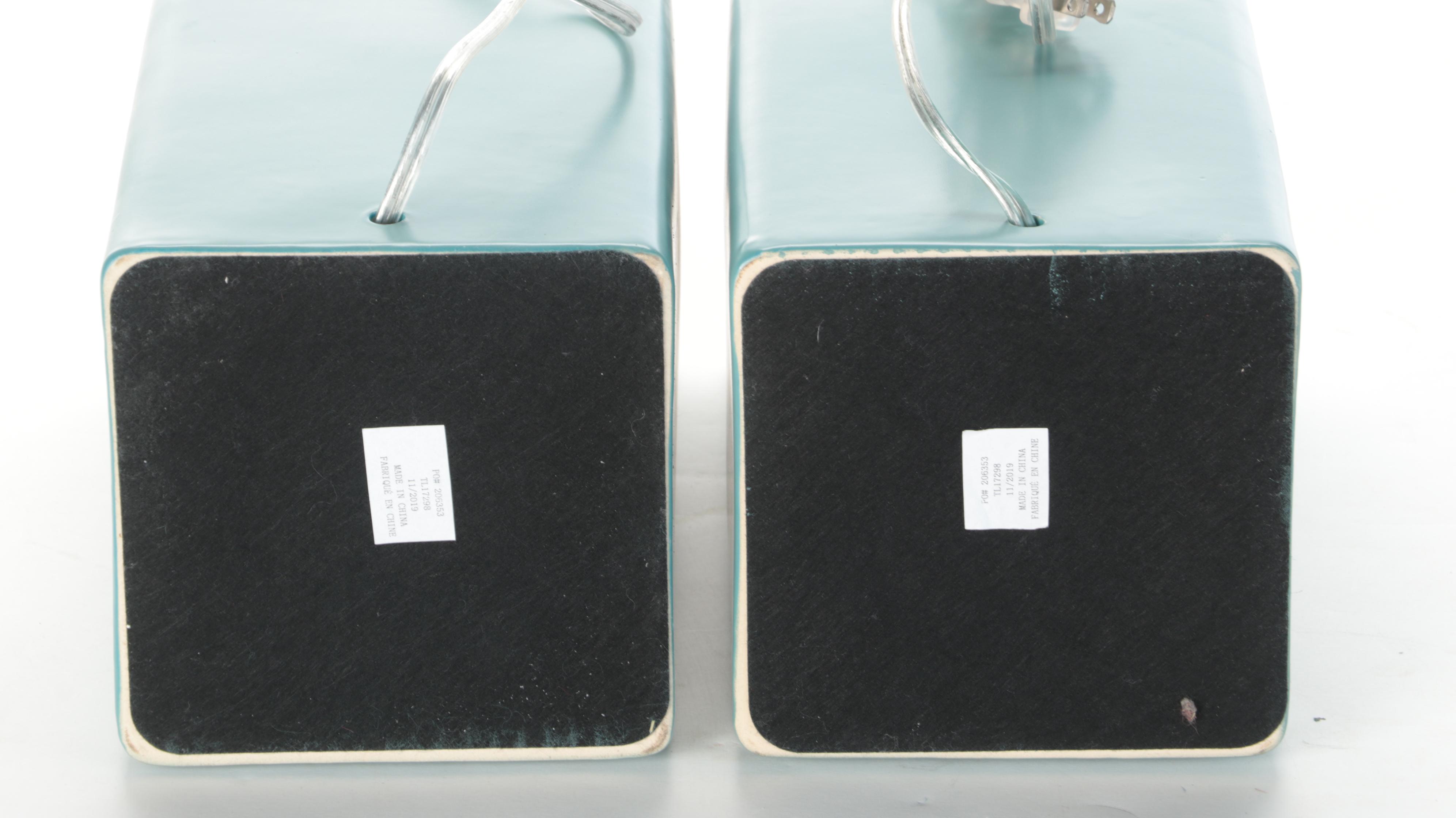 Contemporary Blue Glazed Ceramic Table Lamps with Rectangular Shades