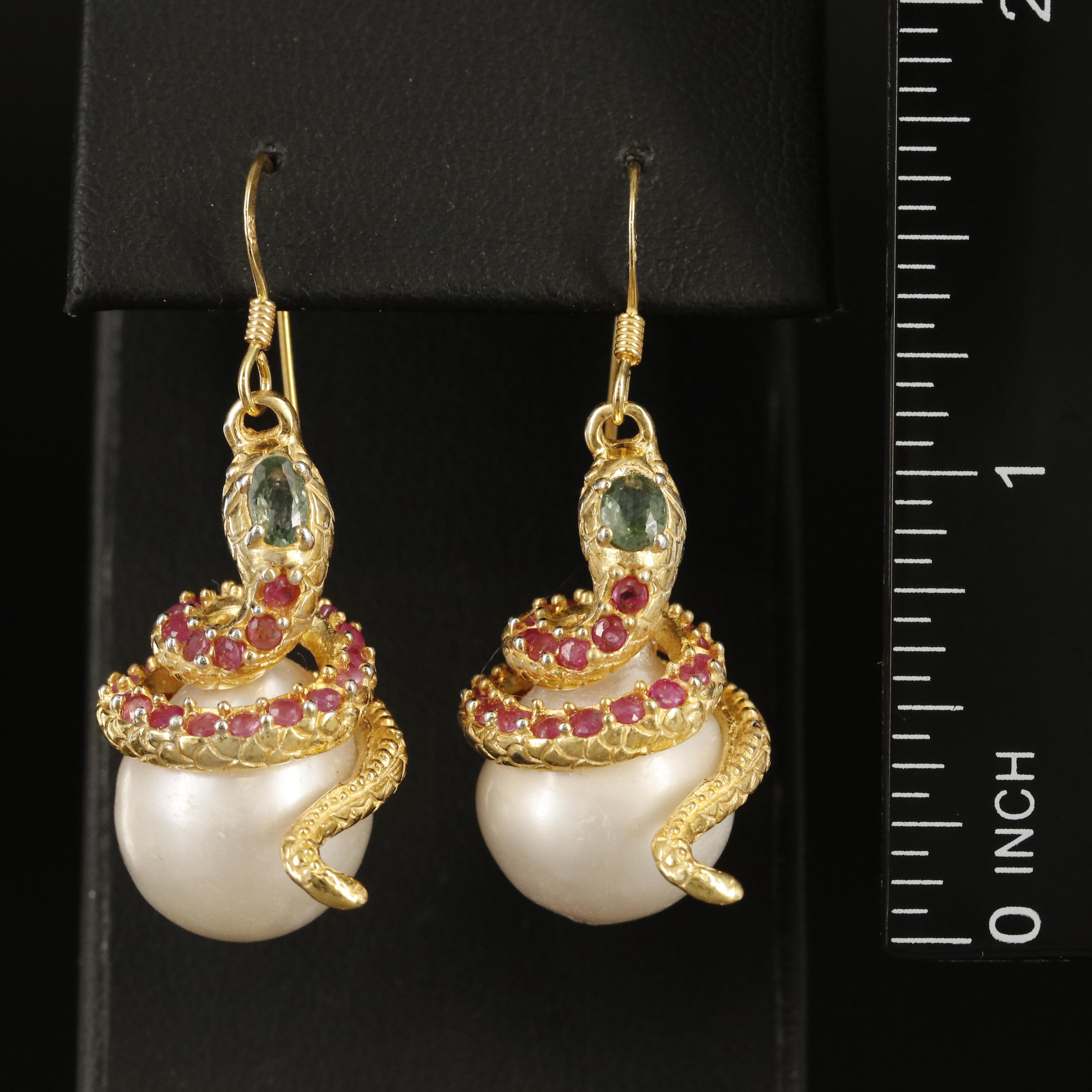 Sterling Cultured Pearl Ruby and Sapphire Coiled Snake Dangle Earrings