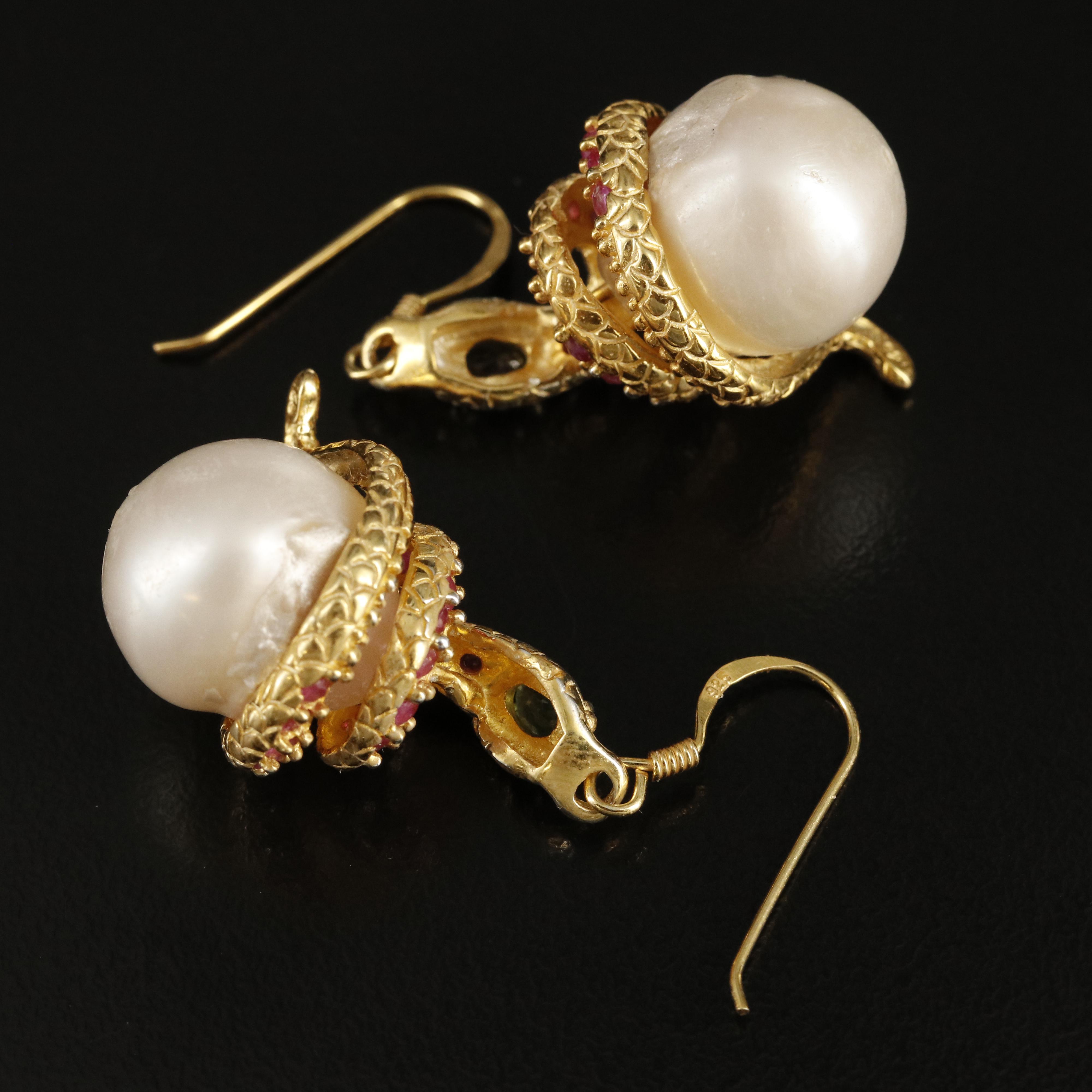 Sterling Cultured Pearl Ruby and Sapphire Coiled Snake Dangle Earrings