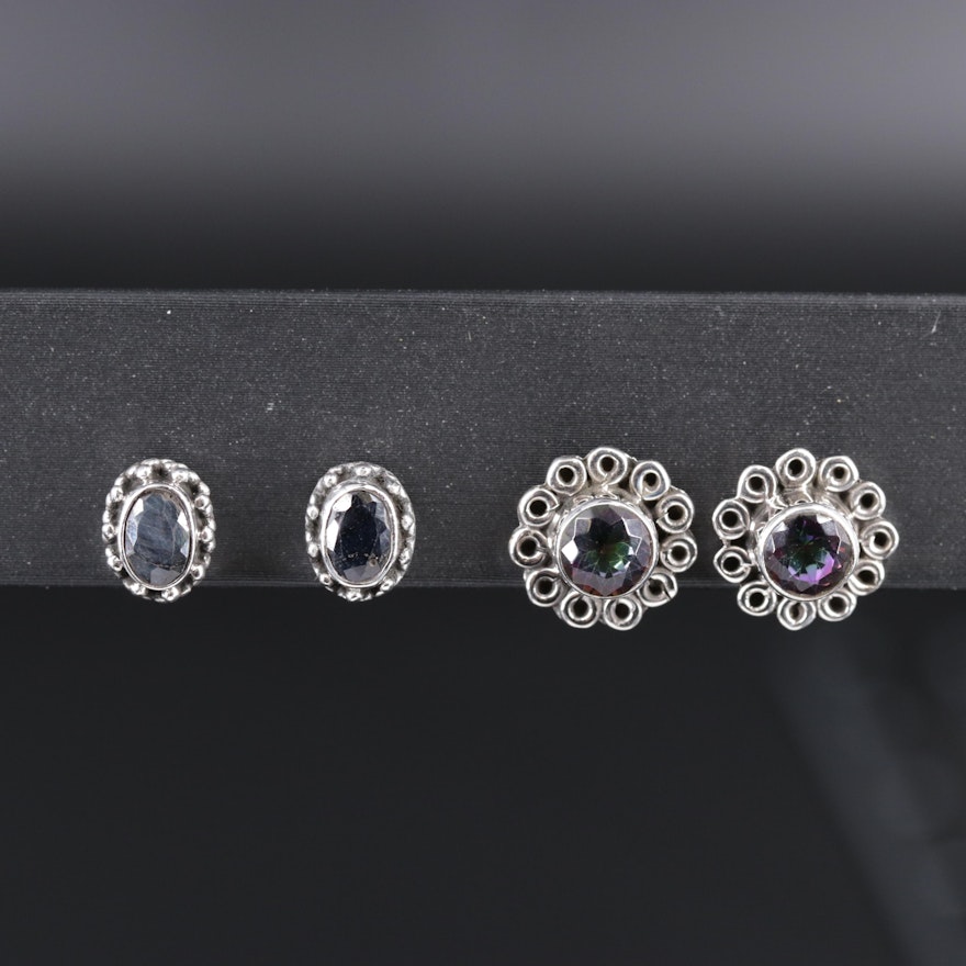 Sterling Silver Stud Earring Duo Including Sapphire and Topaz