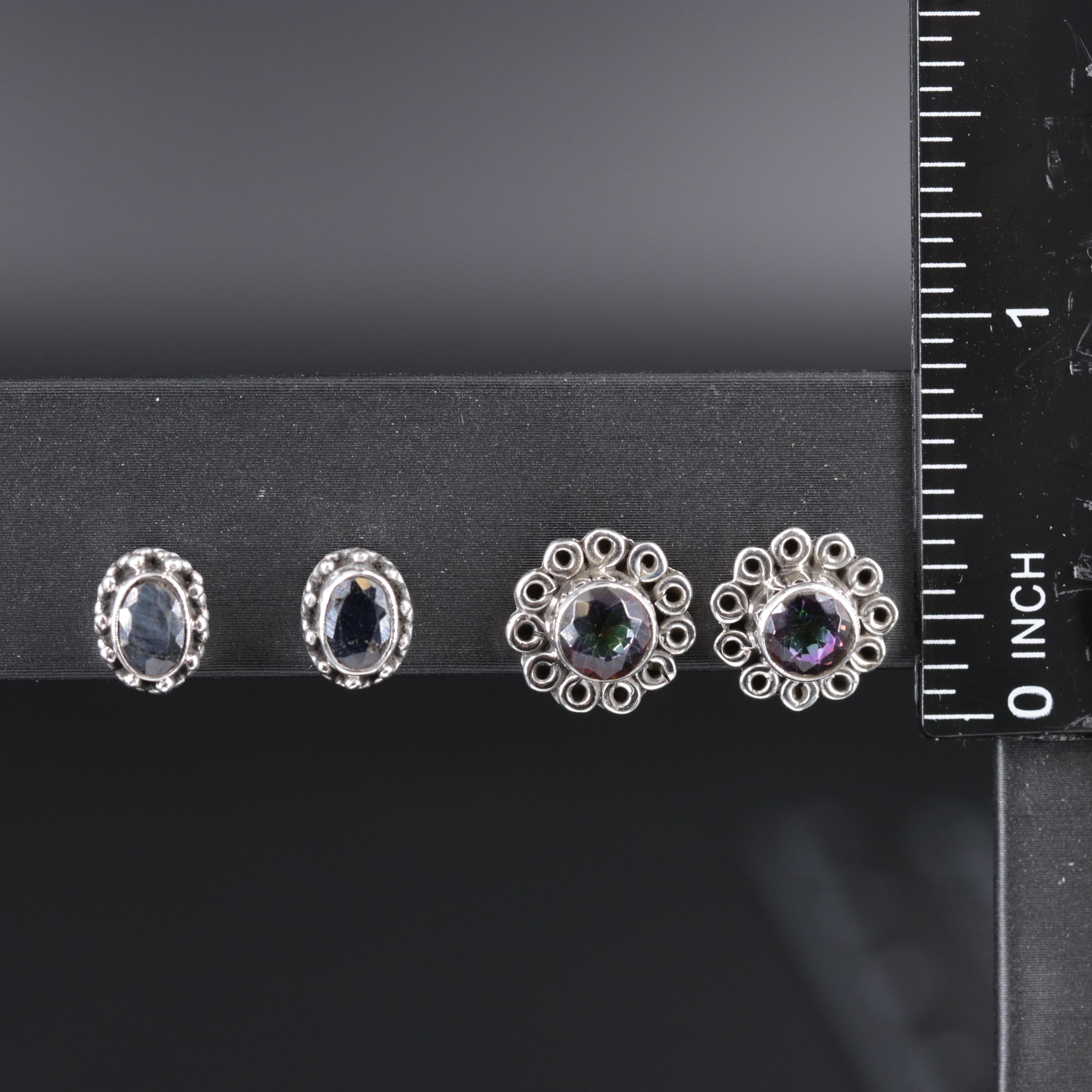 Sterling Silver Stud Earring Duo Including Sapphire and Topaz