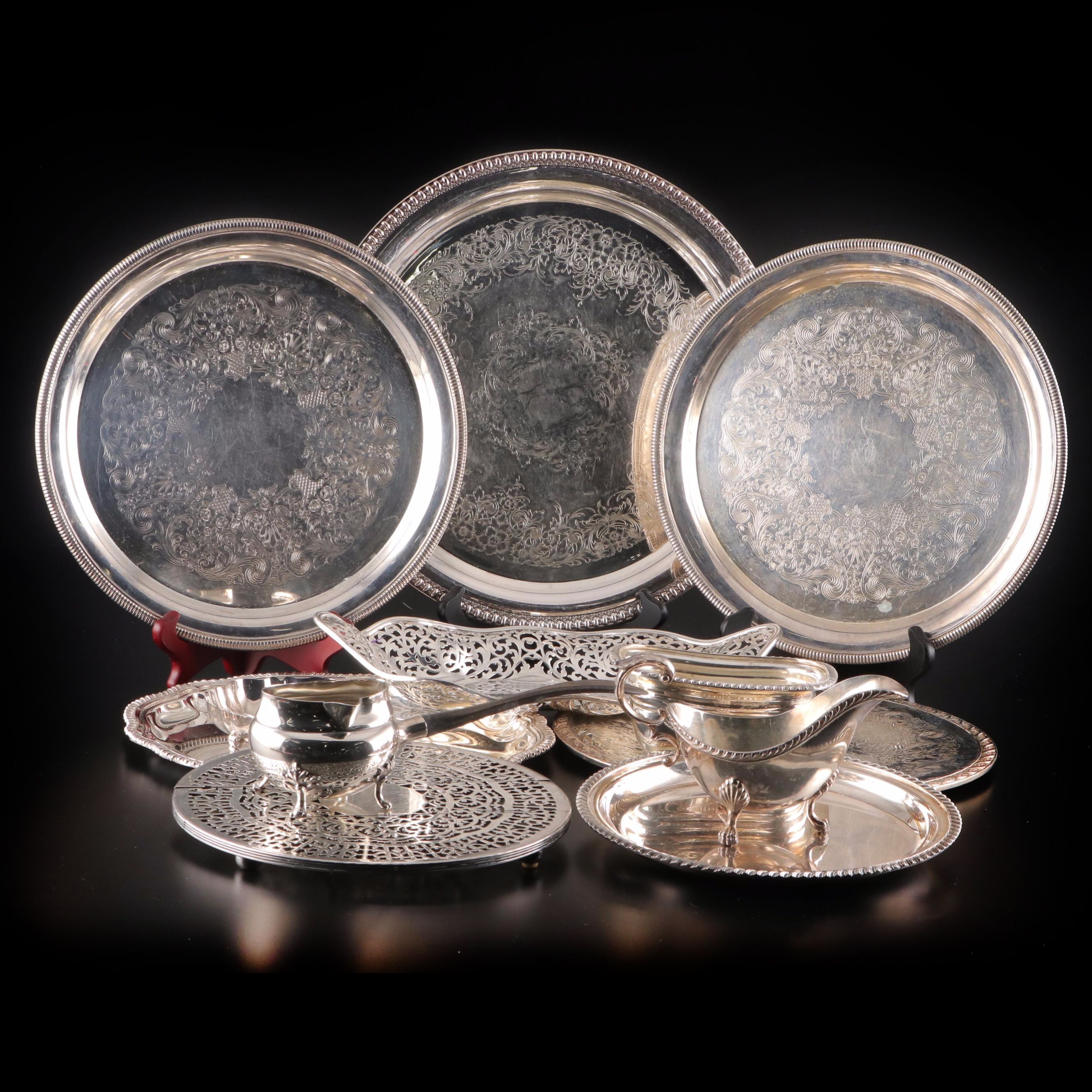 Homan Mfg. Co. and Other Silver Plate Trays and Table Accessories