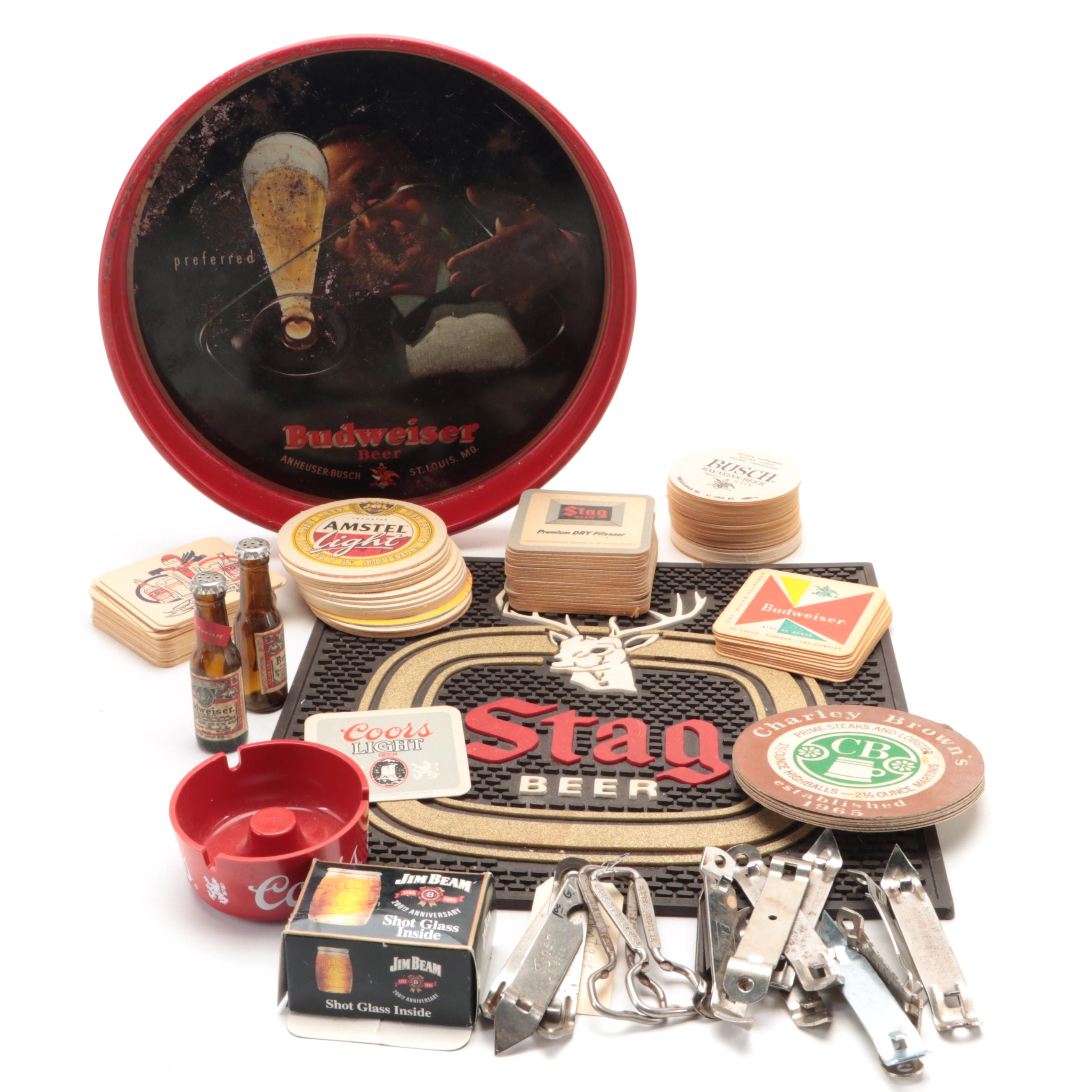 Budweiser Tray with Other Beer and Bar Accessories