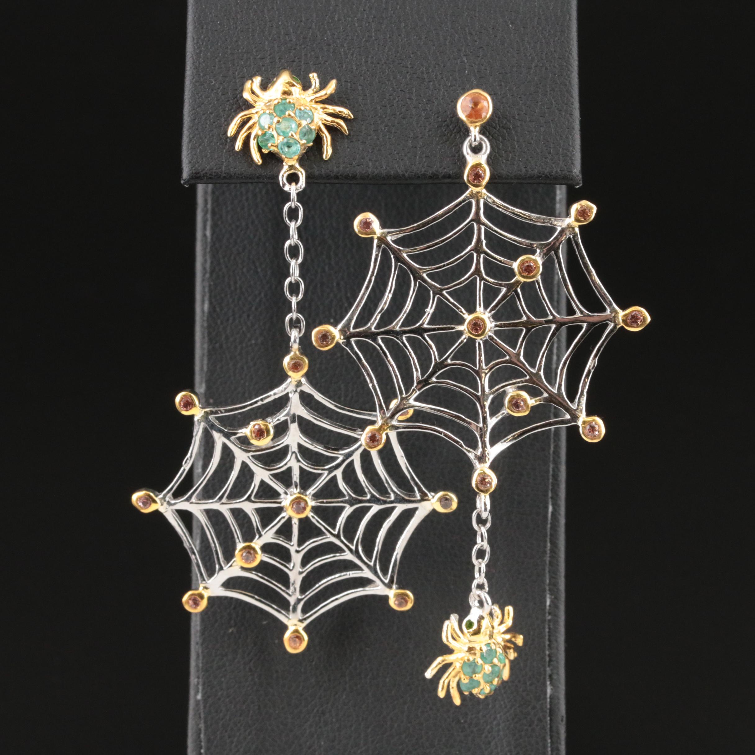 Sterling Sapphire and Emerald Spider and Web Asymmetrical Earrings