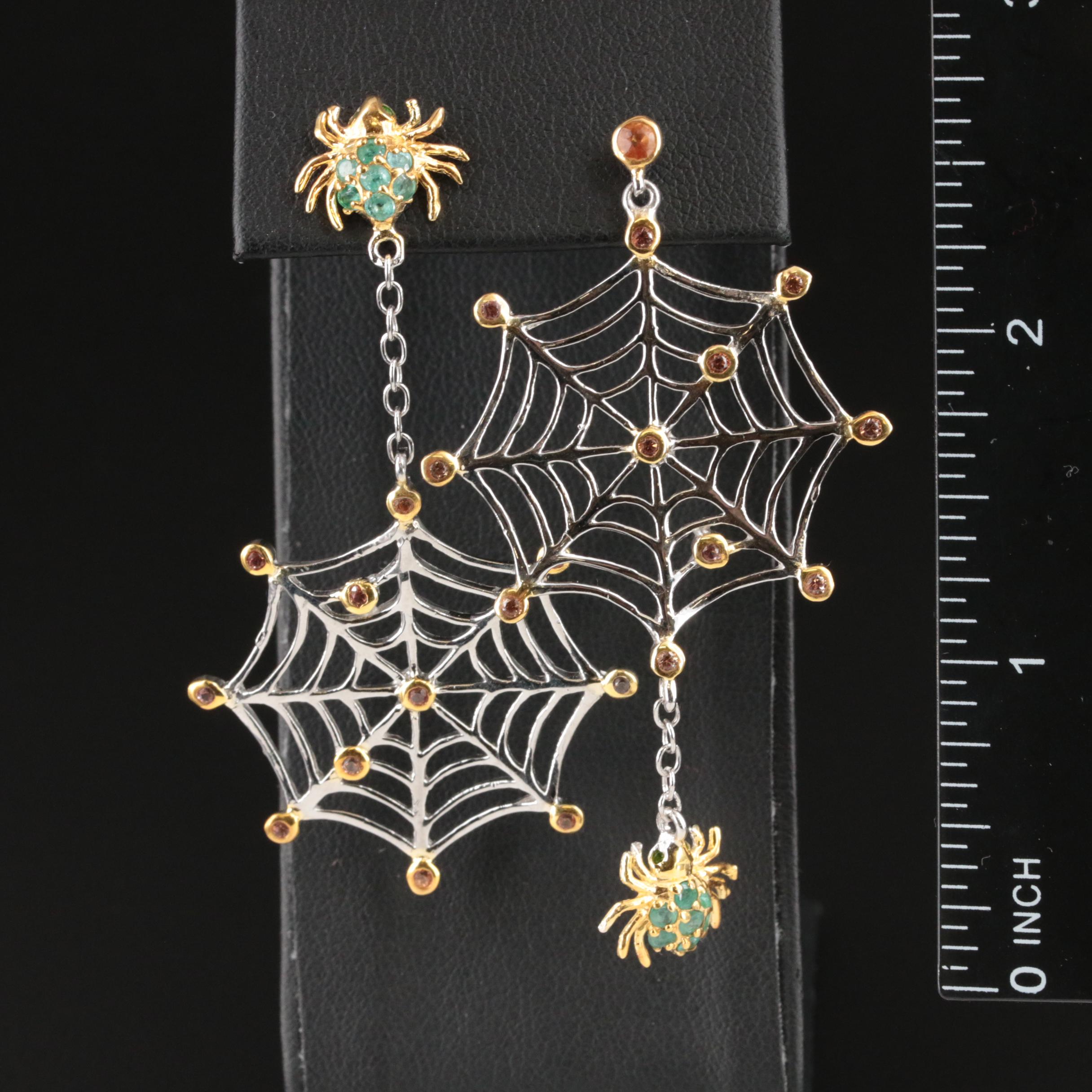 Sterling Sapphire and Emerald Spider and Web Asymmetrical Earrings