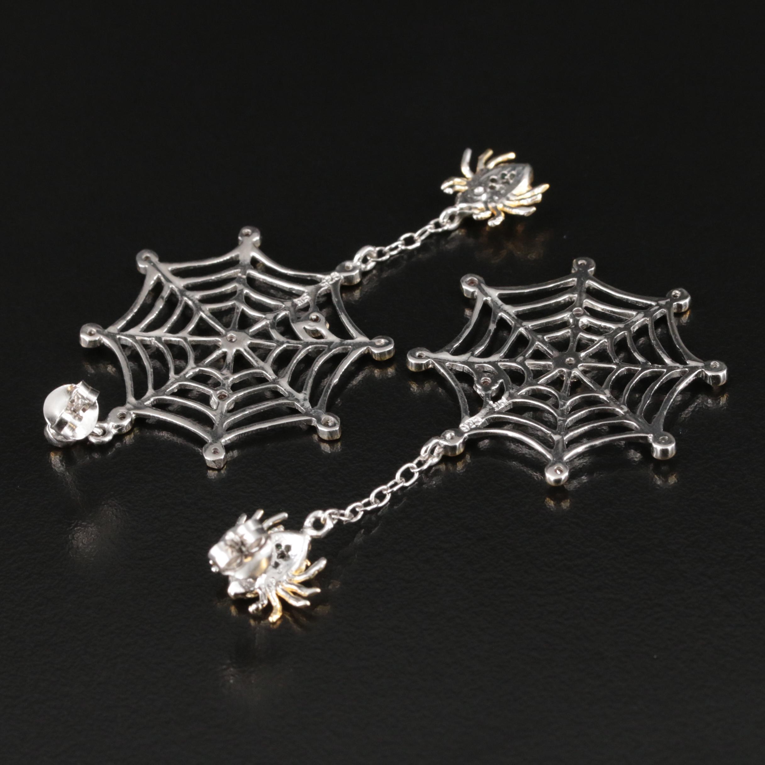 Sterling Sapphire and Emerald Spider and Web Asymmetrical Earrings