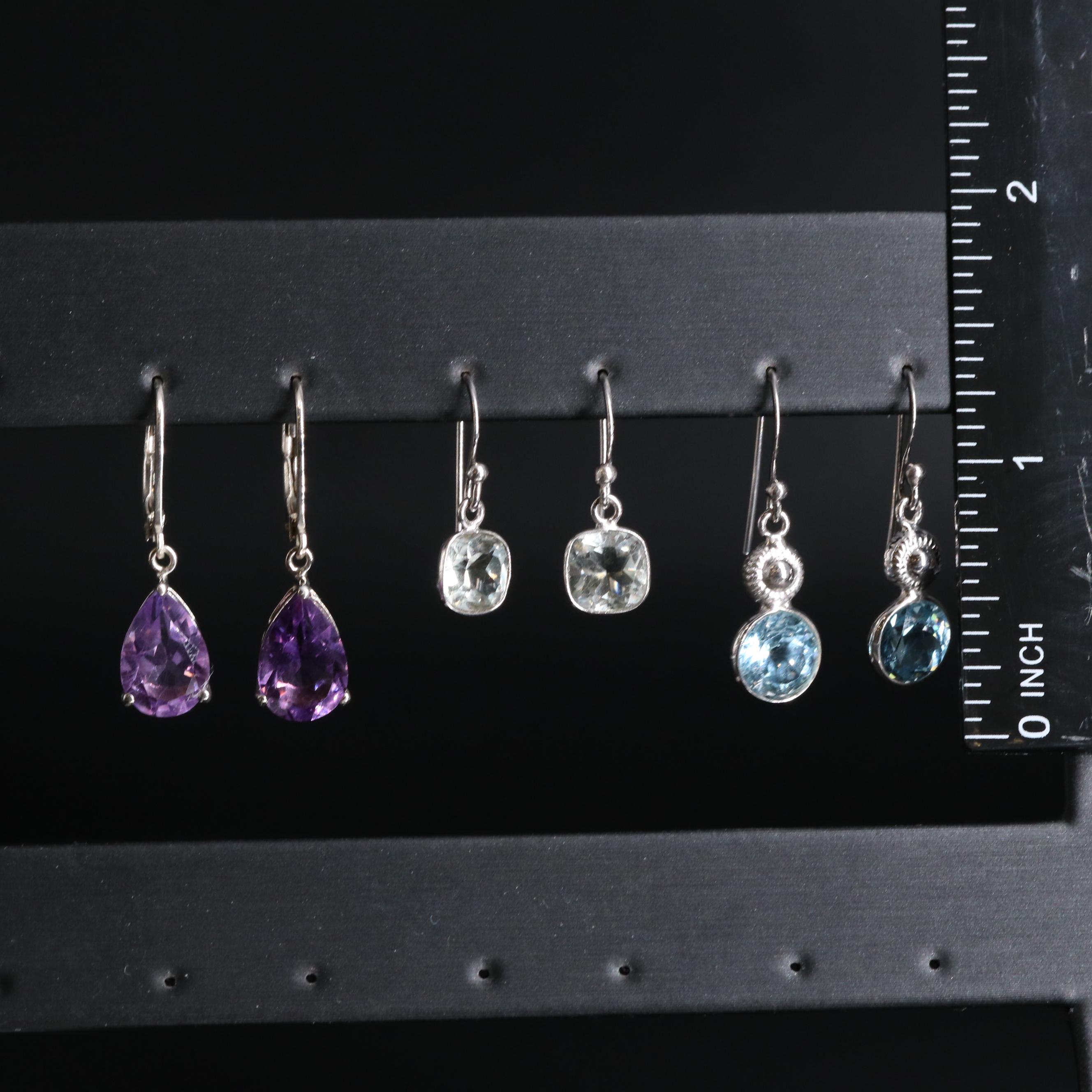 Sterling Silver Earring Collection Including Amethyst and Topaz