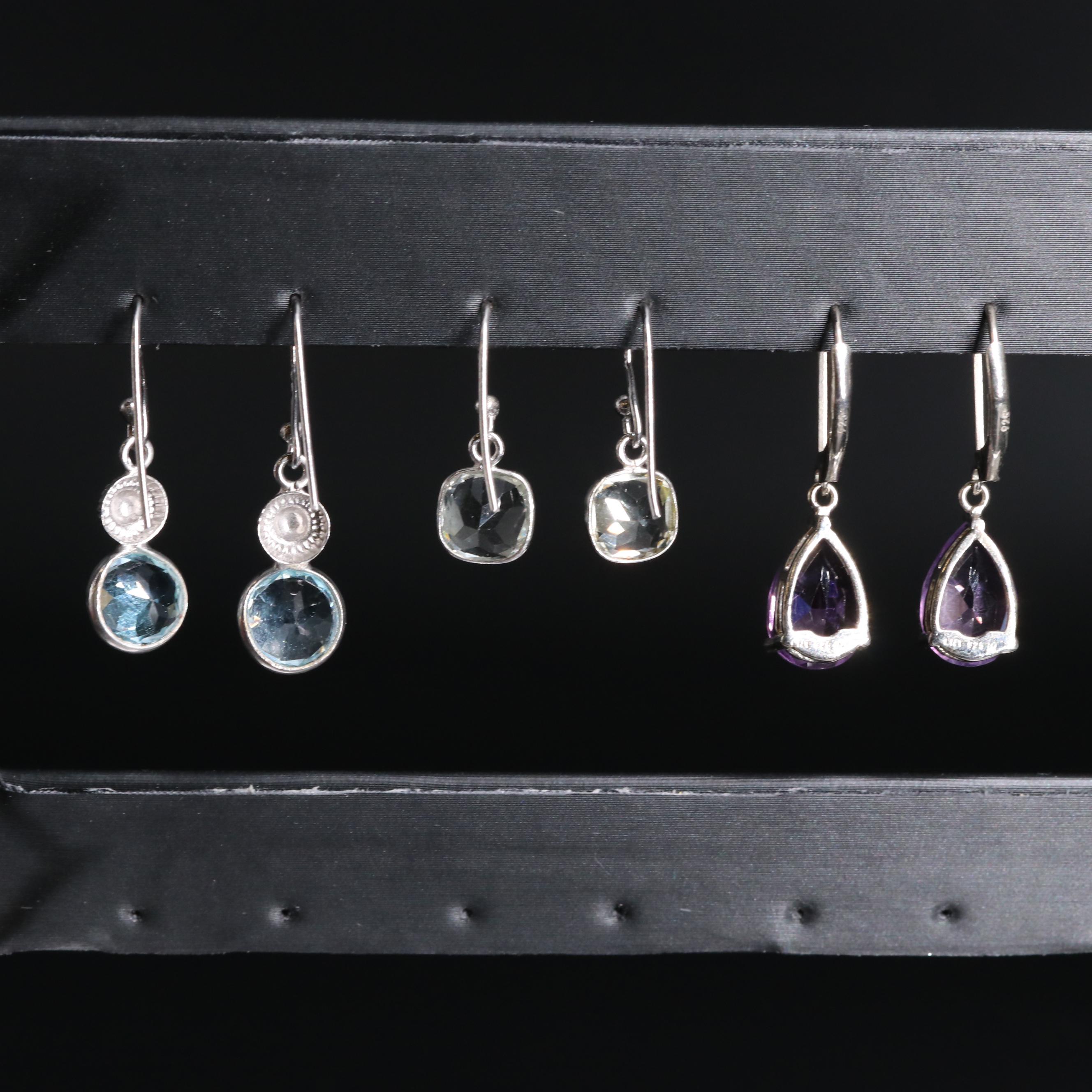 Sterling Silver Earring Collection Including Amethyst and Topaz