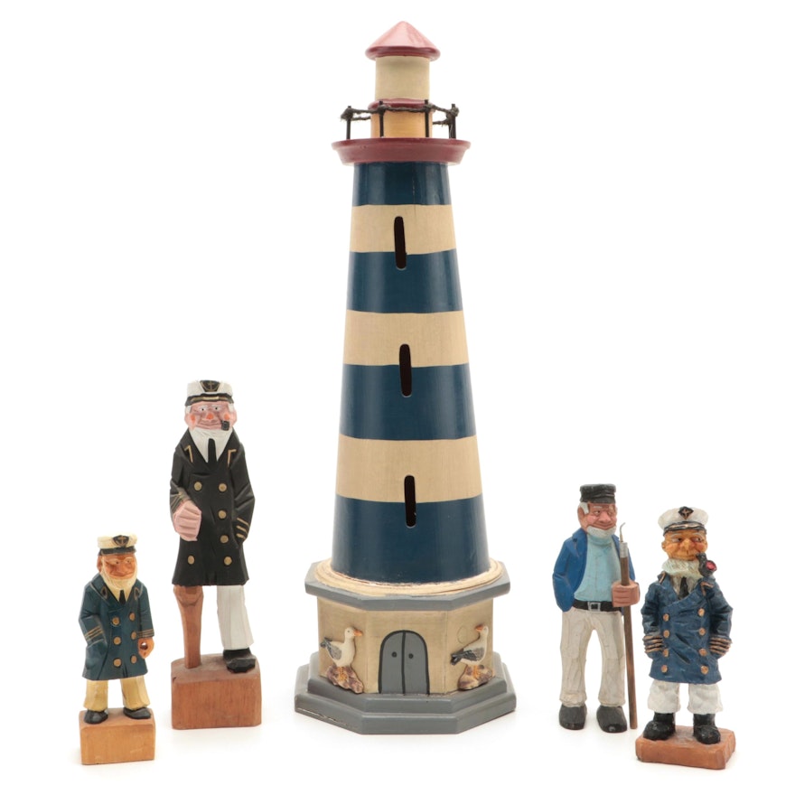 Carved Wooden and Resin Sailors and Lighthouse Figurines