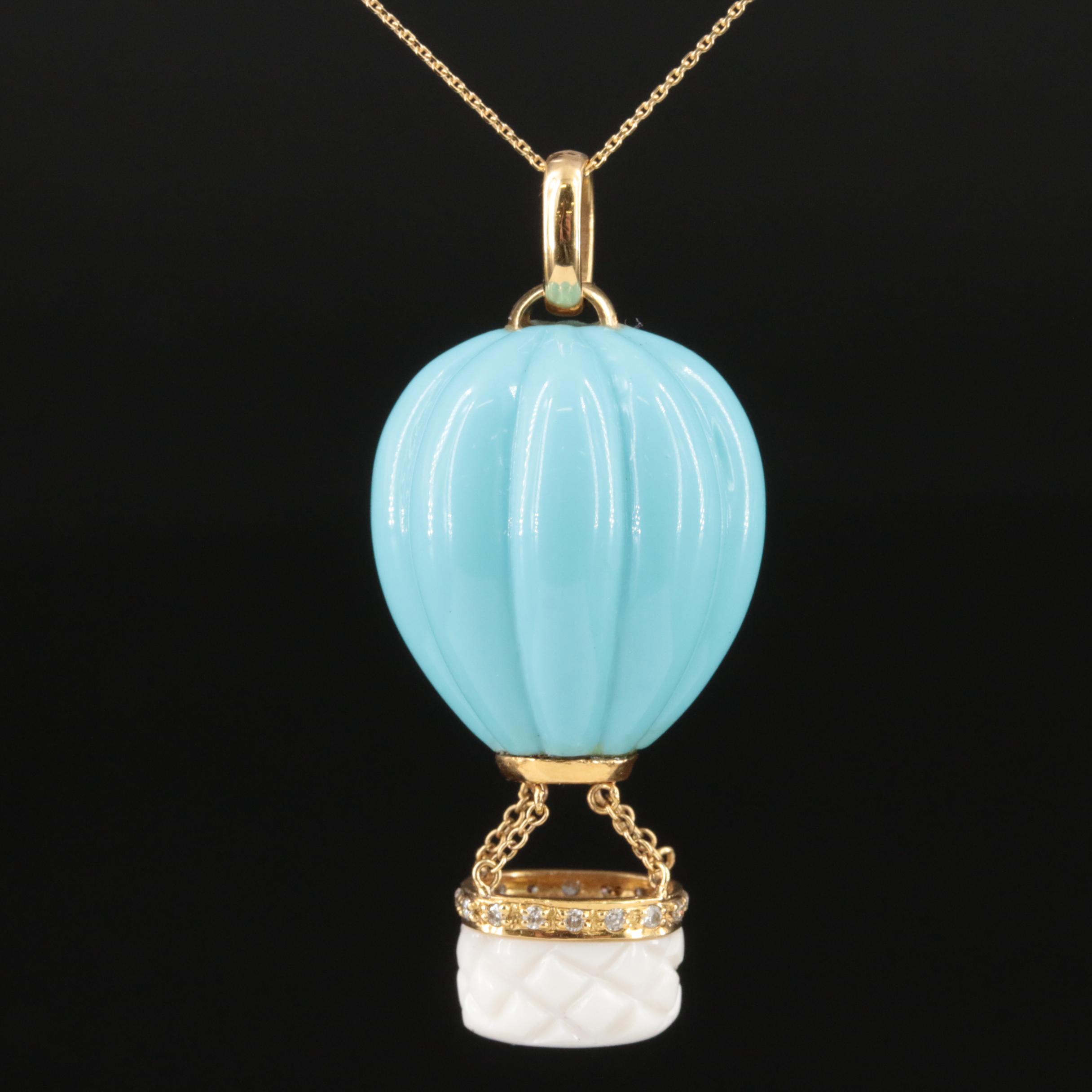 18K Faux Turquoise, White Agate and Diamond Hot Air Balloon Pendant Necklace