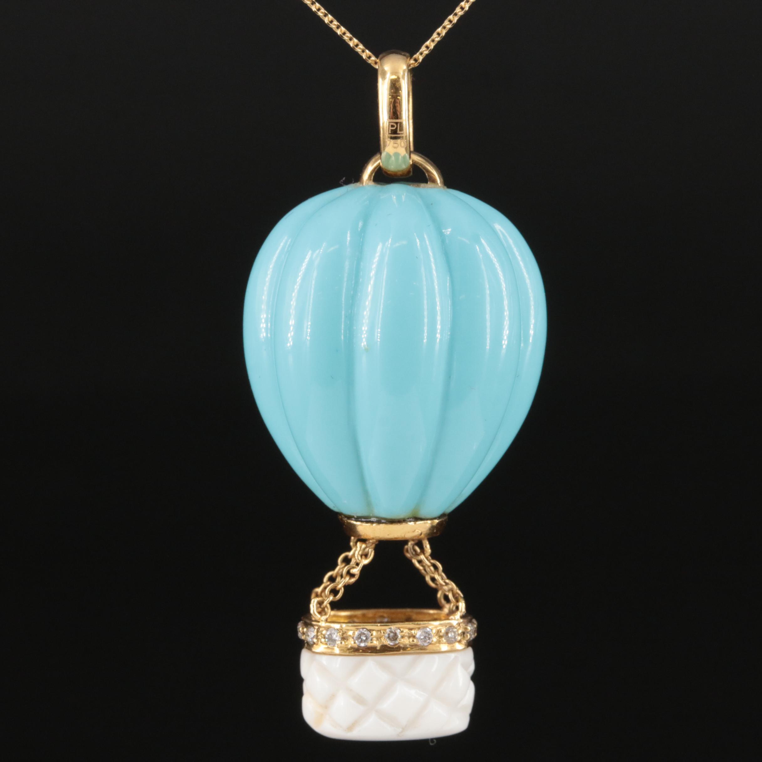 18K Faux Turquoise, White Agate and Diamond Hot Air Balloon Pendant Necklace