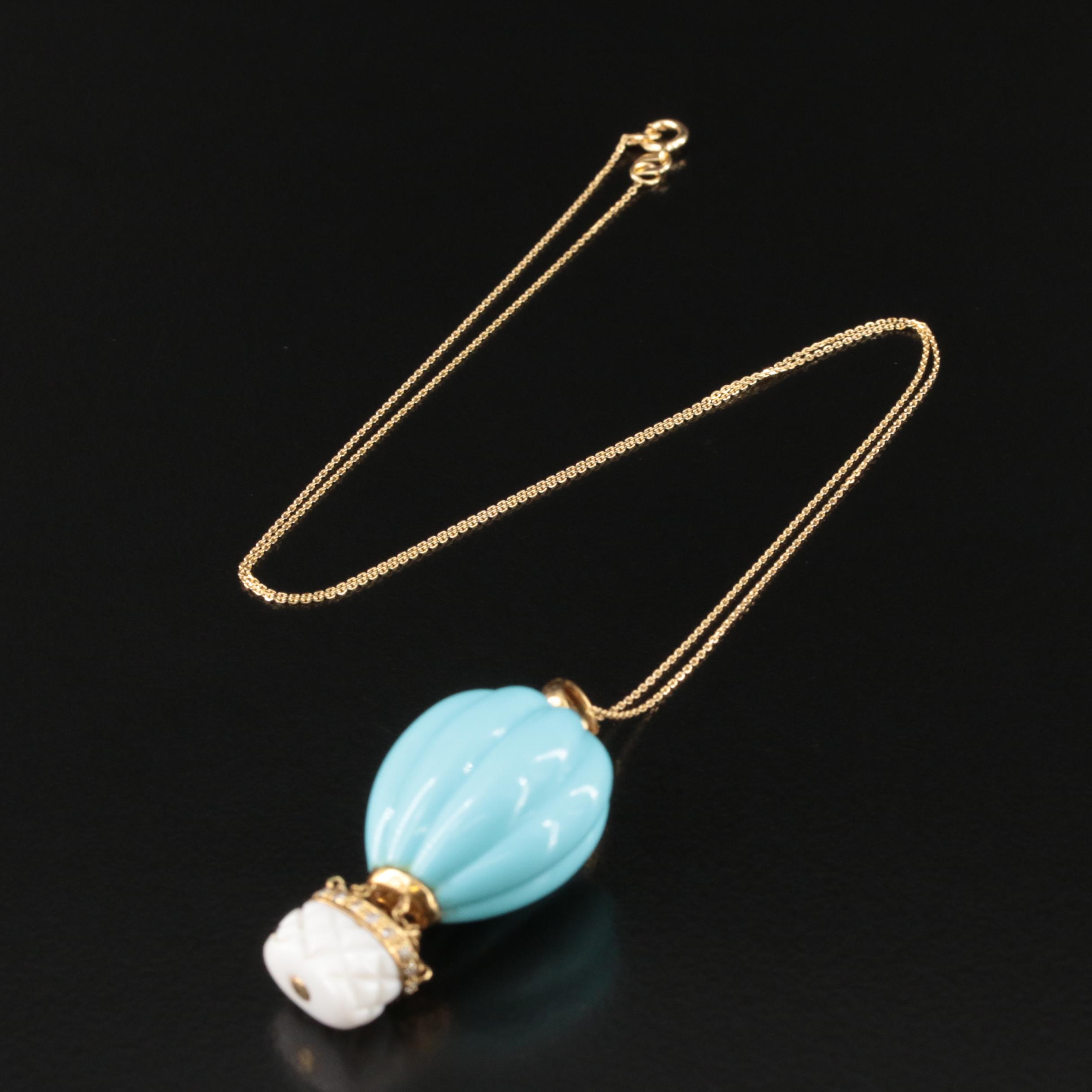 18K Faux Turquoise, White Agate and Diamond Hot Air Balloon Pendant Necklace