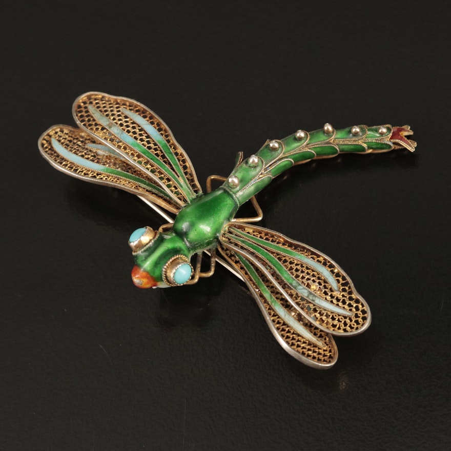 Vintage Sterling Turquoise and Enamel Articulated Dragonfly Brooch