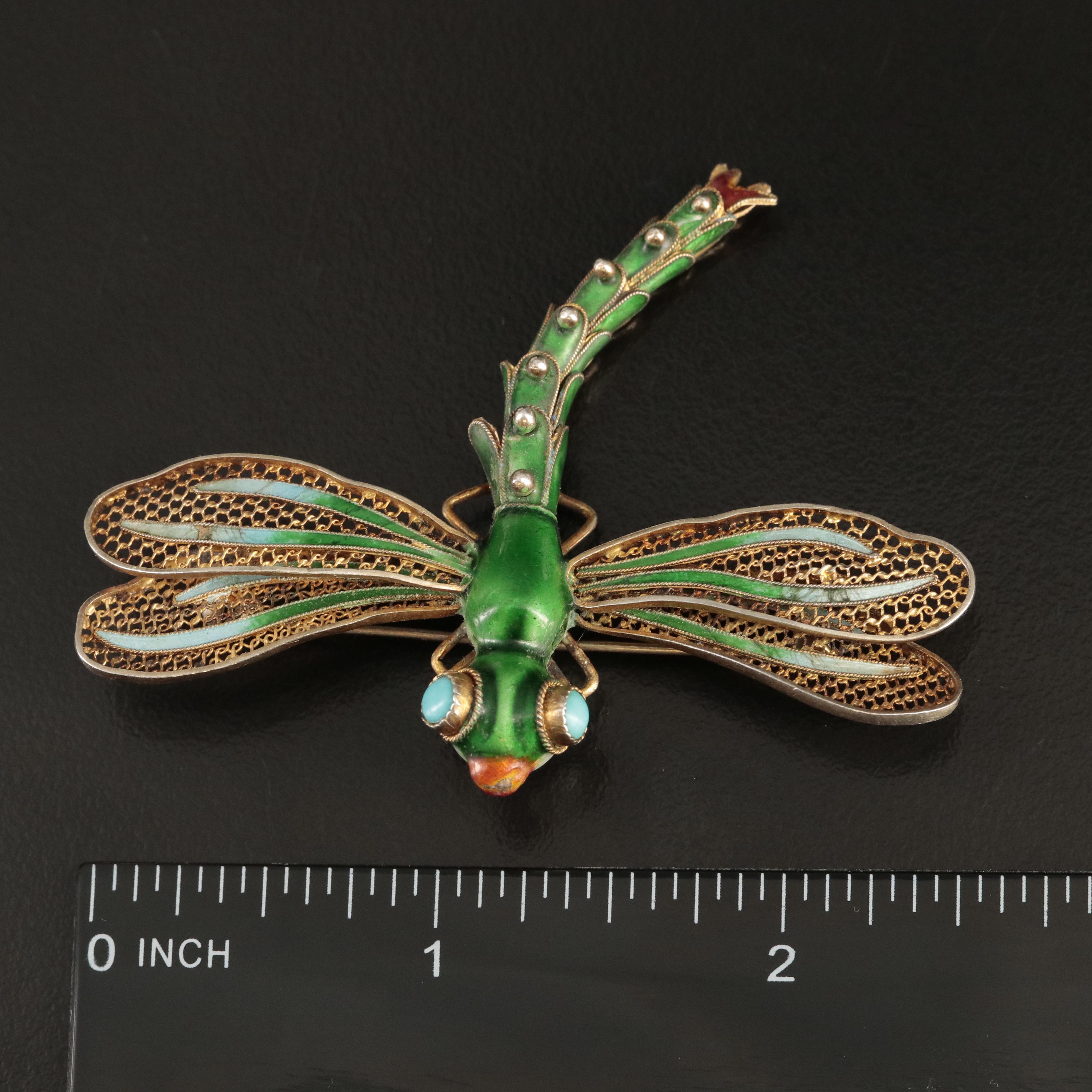 Vintage Sterling Turquoise and Enamel Articulated Dragonfly Brooch