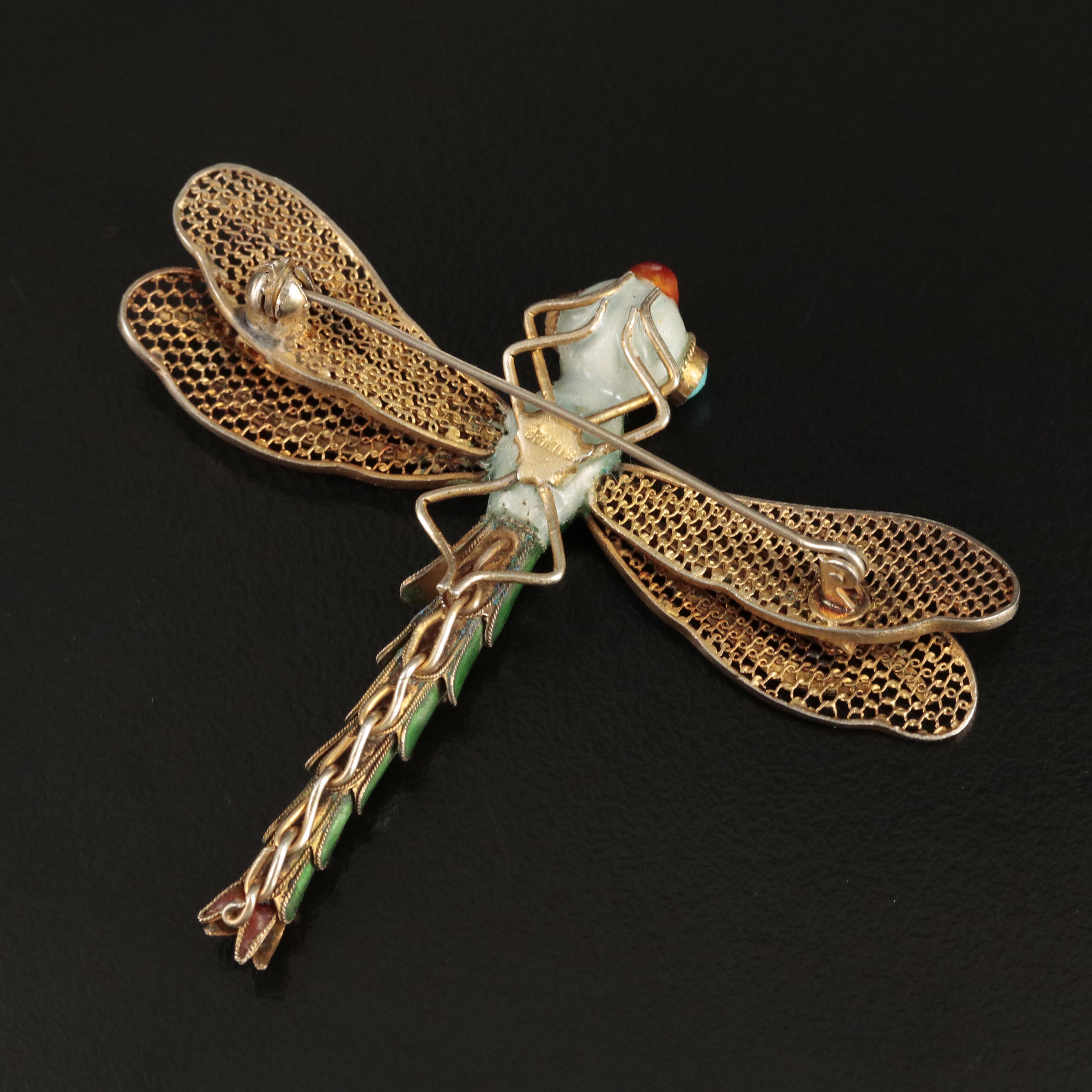 Vintage Sterling Turquoise and Enamel Articulated Dragonfly Brooch