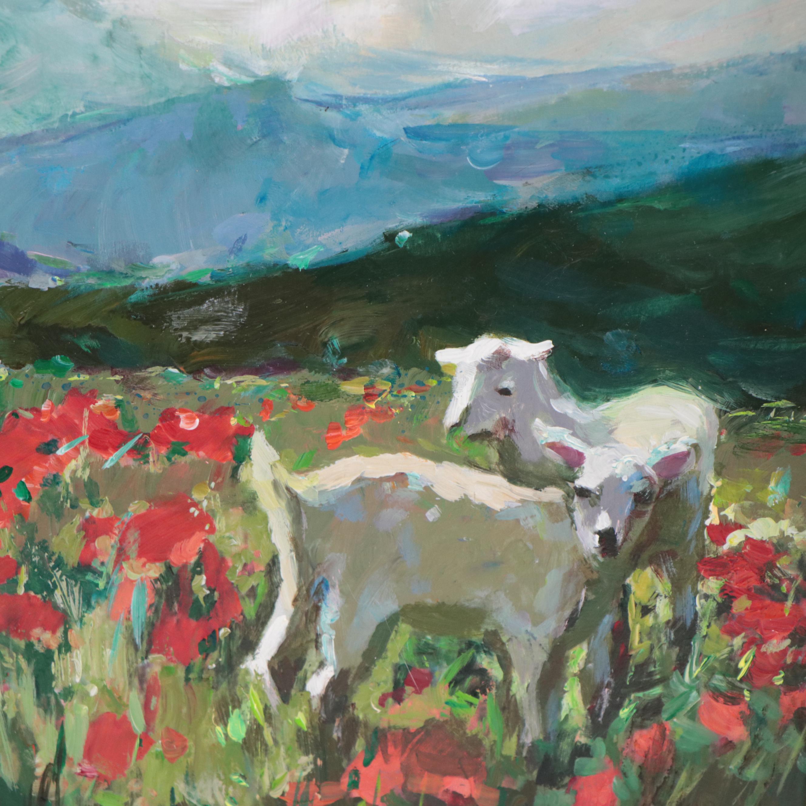 Agnes Rey Oil Painting of Lambs In Landscape "Mountain Breeze," 2022