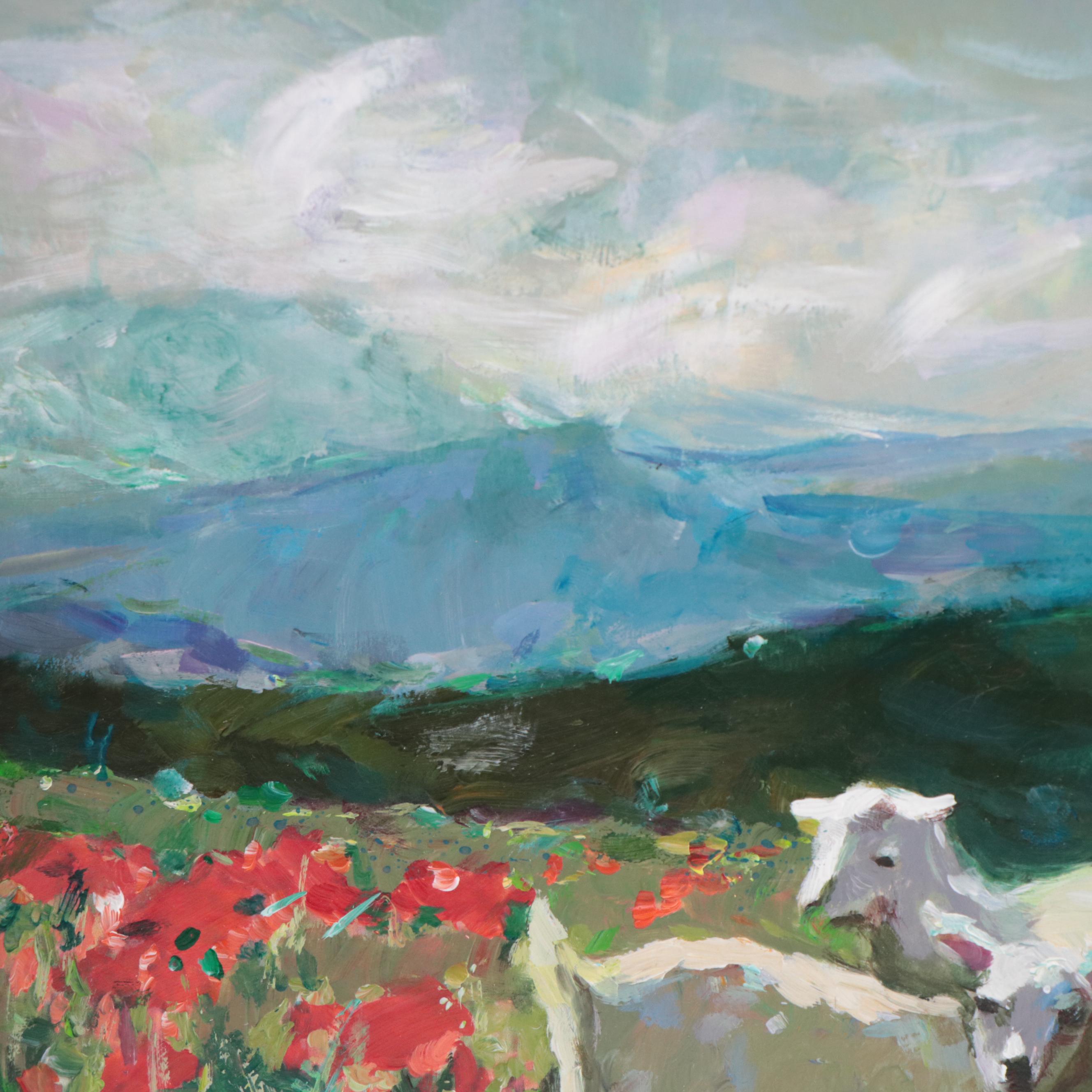 Agnes Rey Oil Painting of Lambs In Landscape "Mountain Breeze," 2022