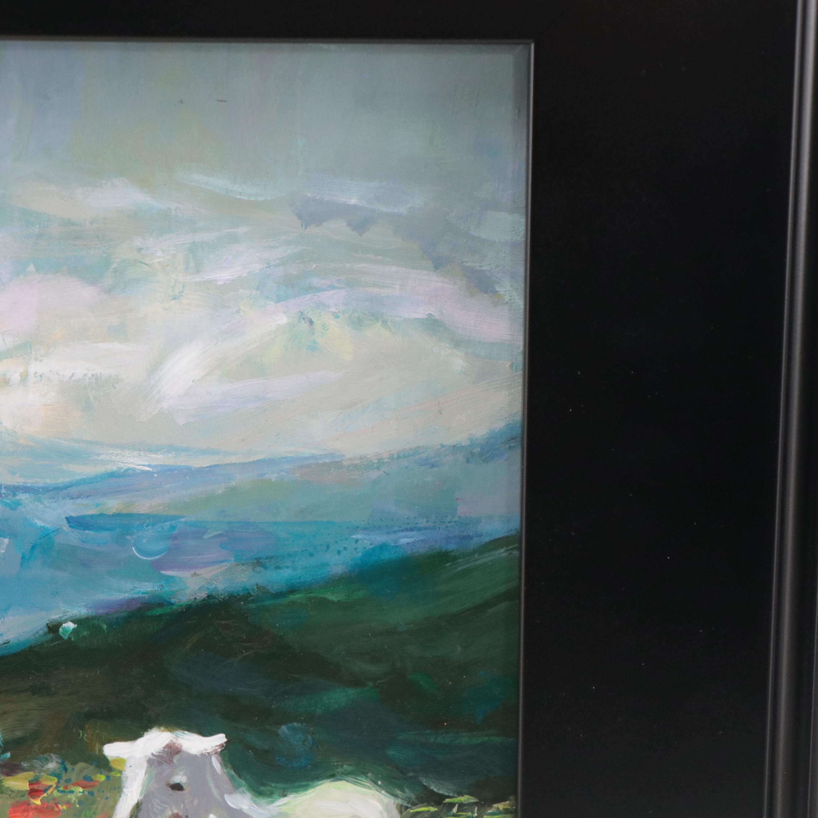 Agnes Rey Oil Painting of Lambs In Landscape "Mountain Breeze," 2022
