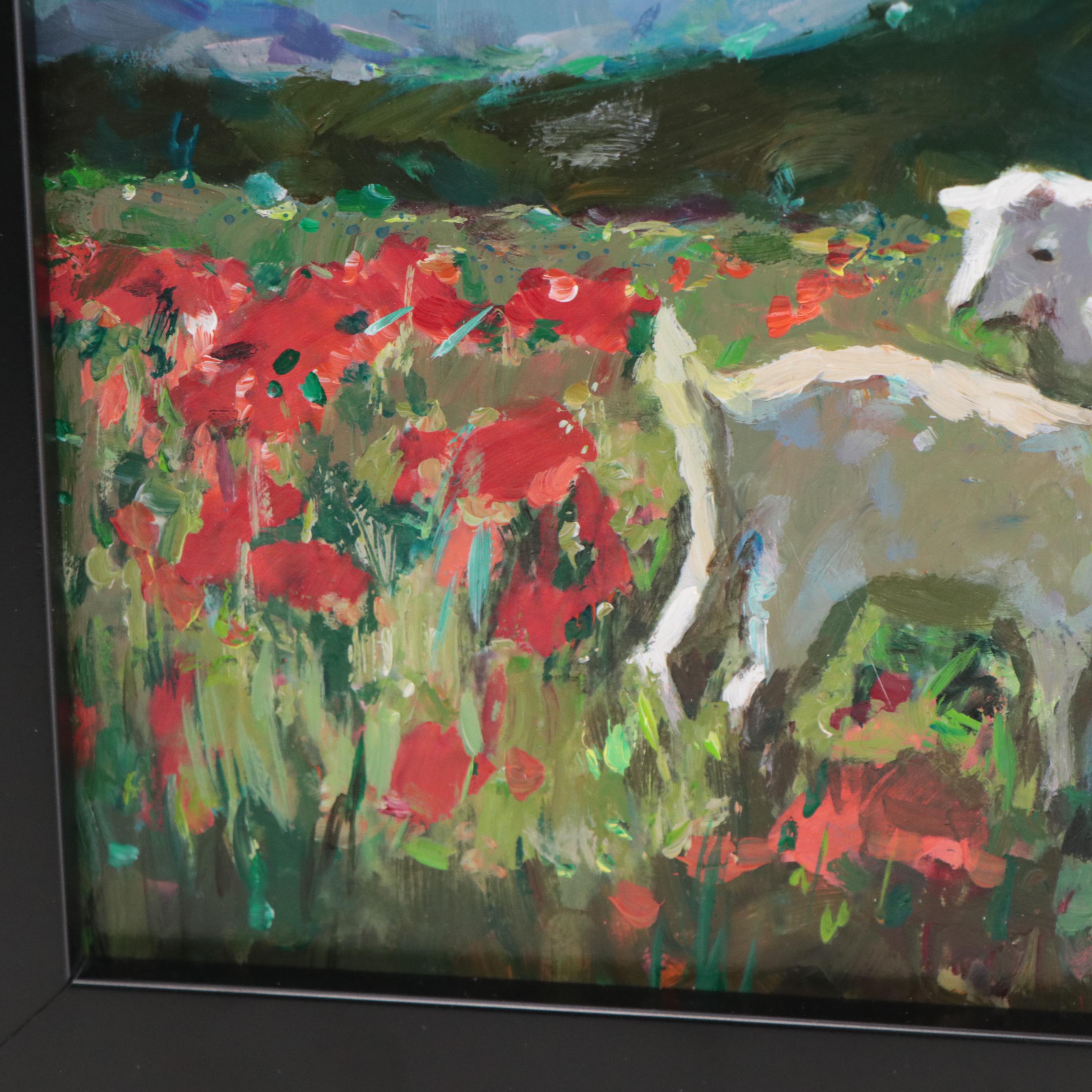 Agnes Rey Oil Painting of Lambs In Landscape "Mountain Breeze," 2022