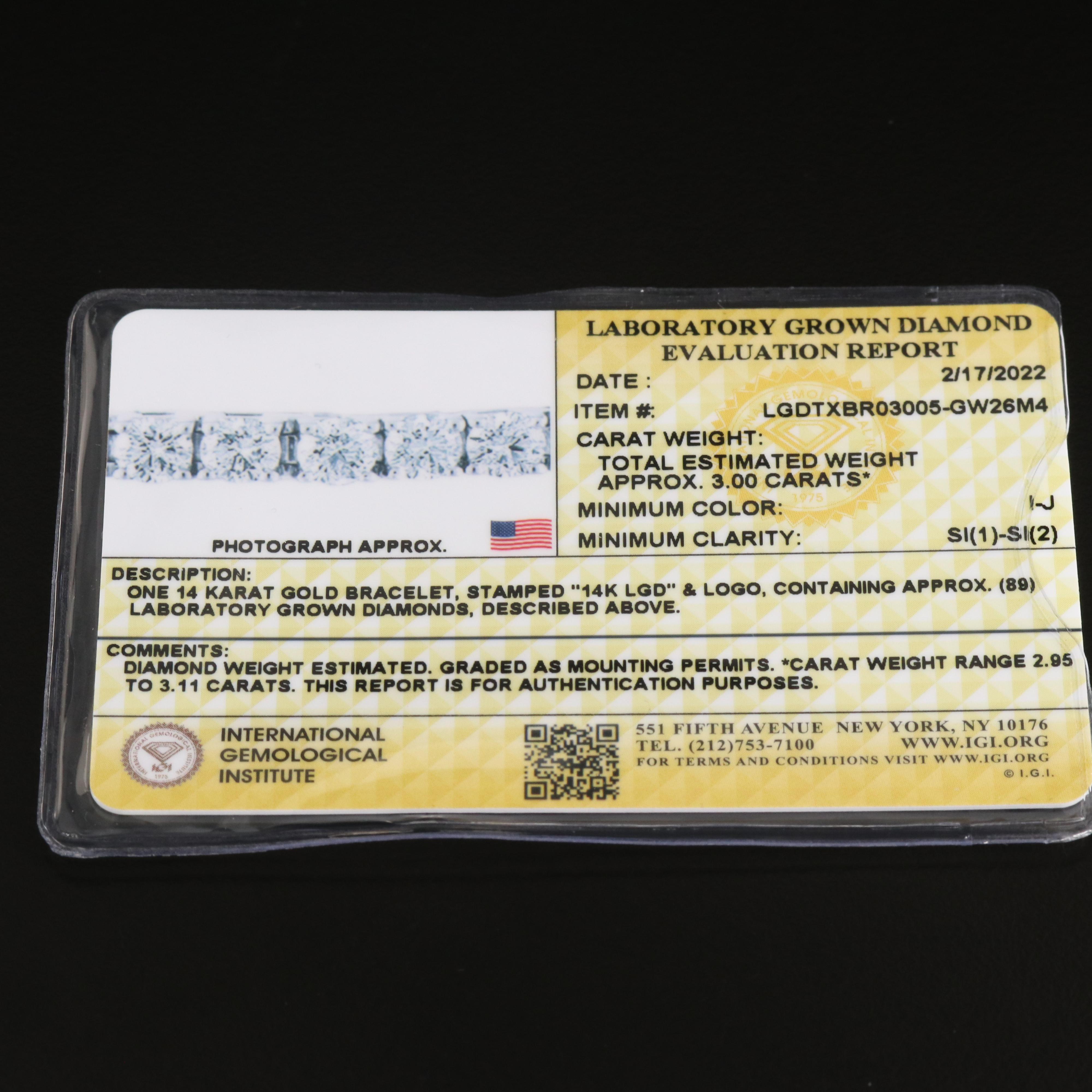 14K 3.00 CTW Lab Grown Diamond Line Bracelet with IGI Report