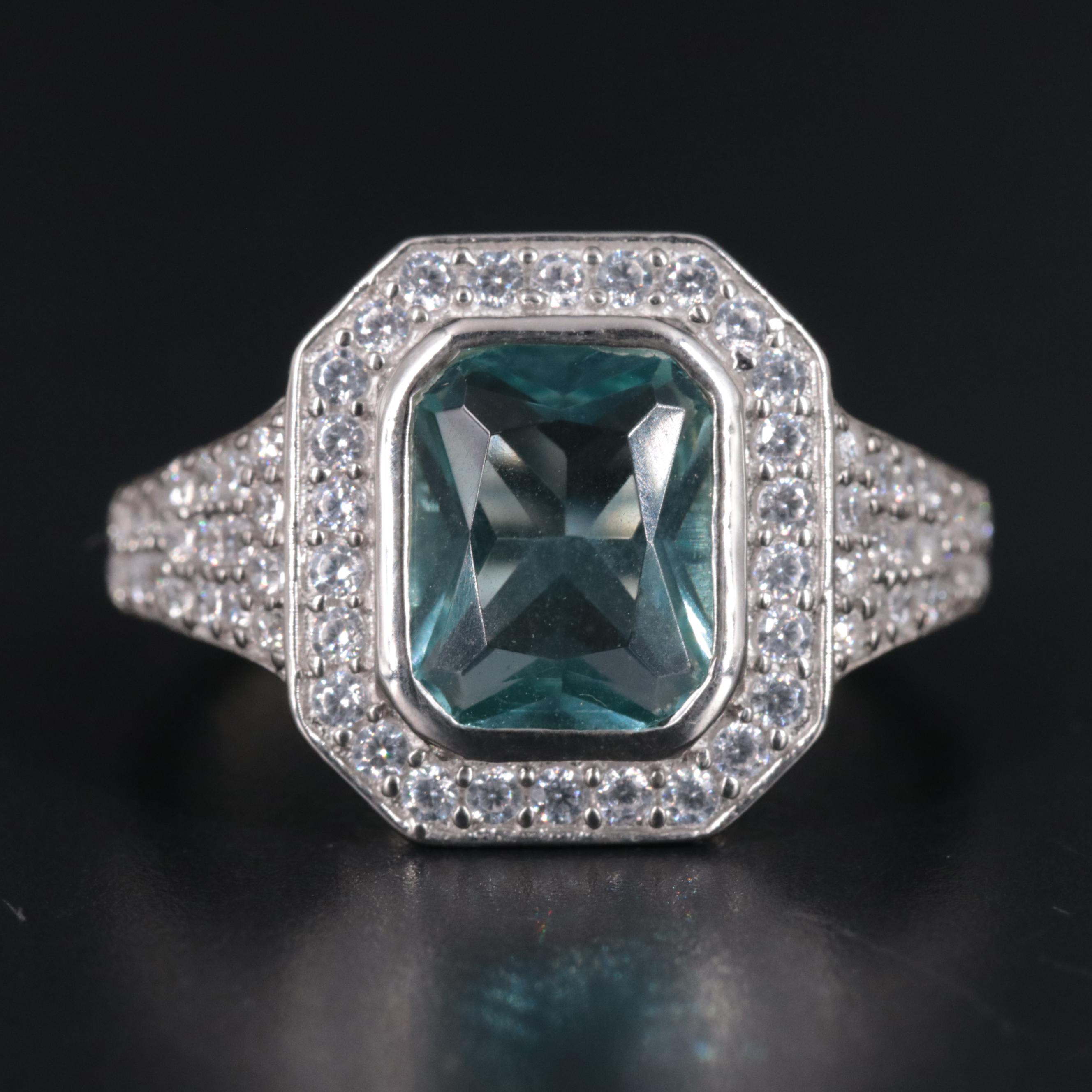 Sterling Silver Aquamarine and Cubic Zirconia Ring