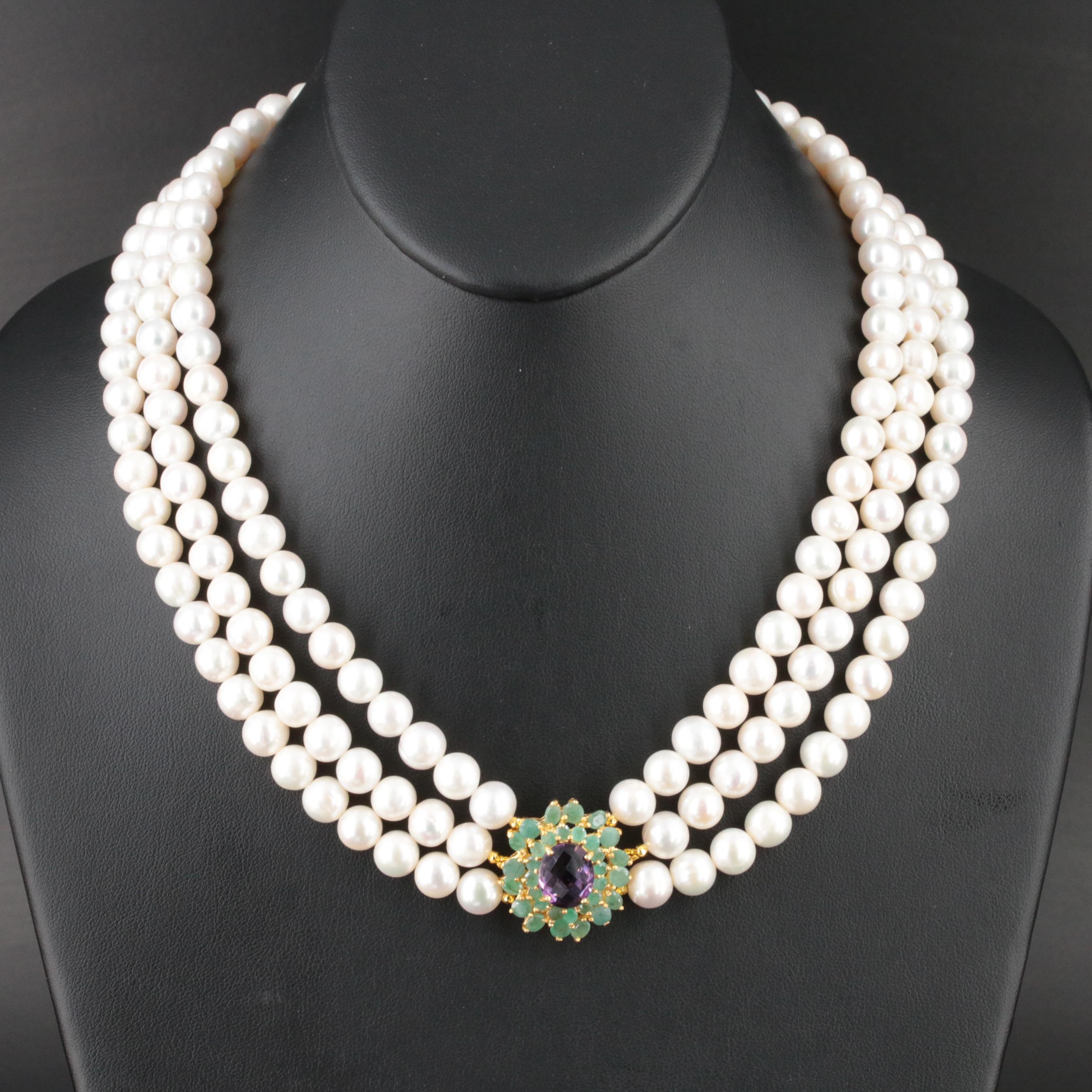 Sterling Pearl, Emerald and Amethyst Necklace