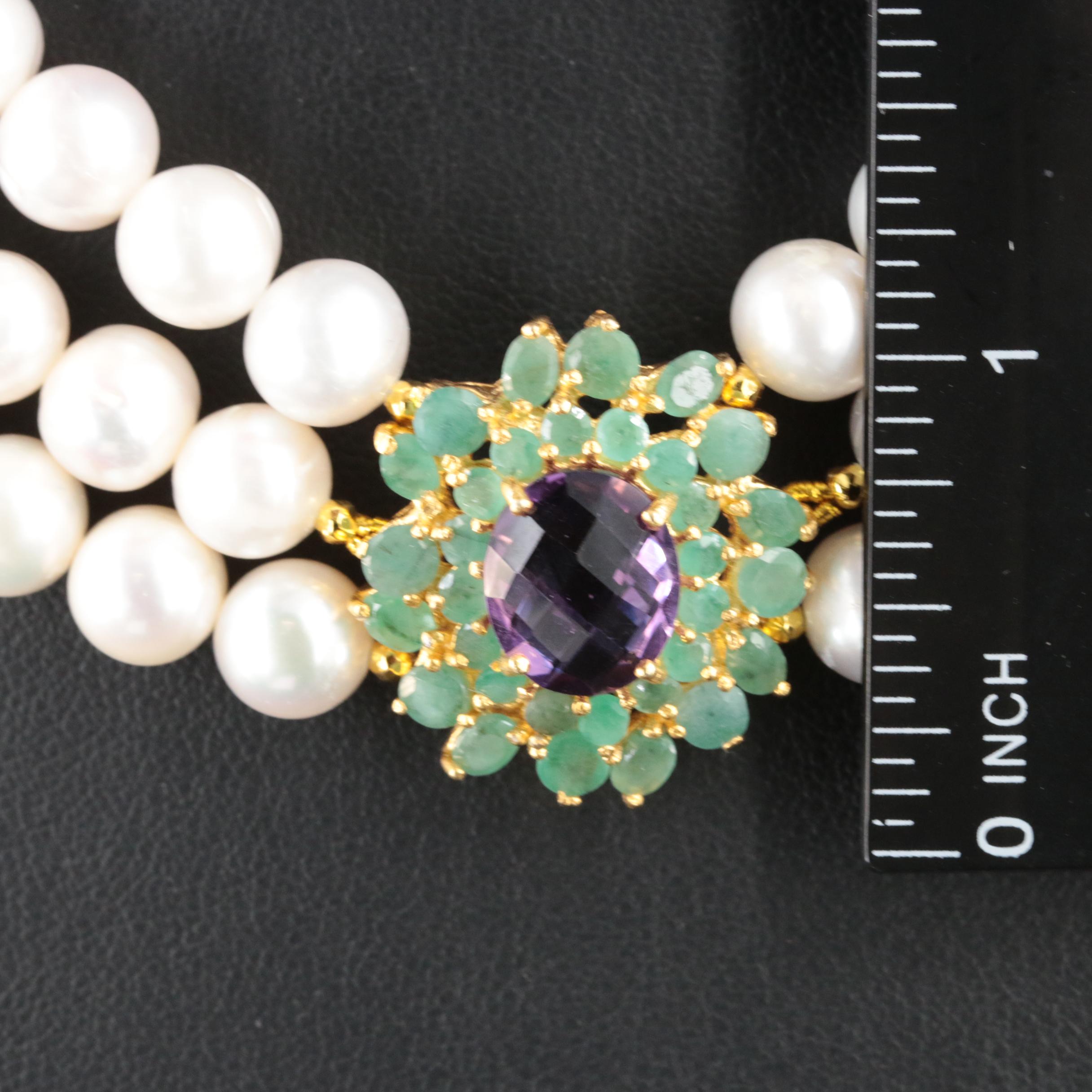 Sterling Pearl, Emerald and Amethyst Necklace