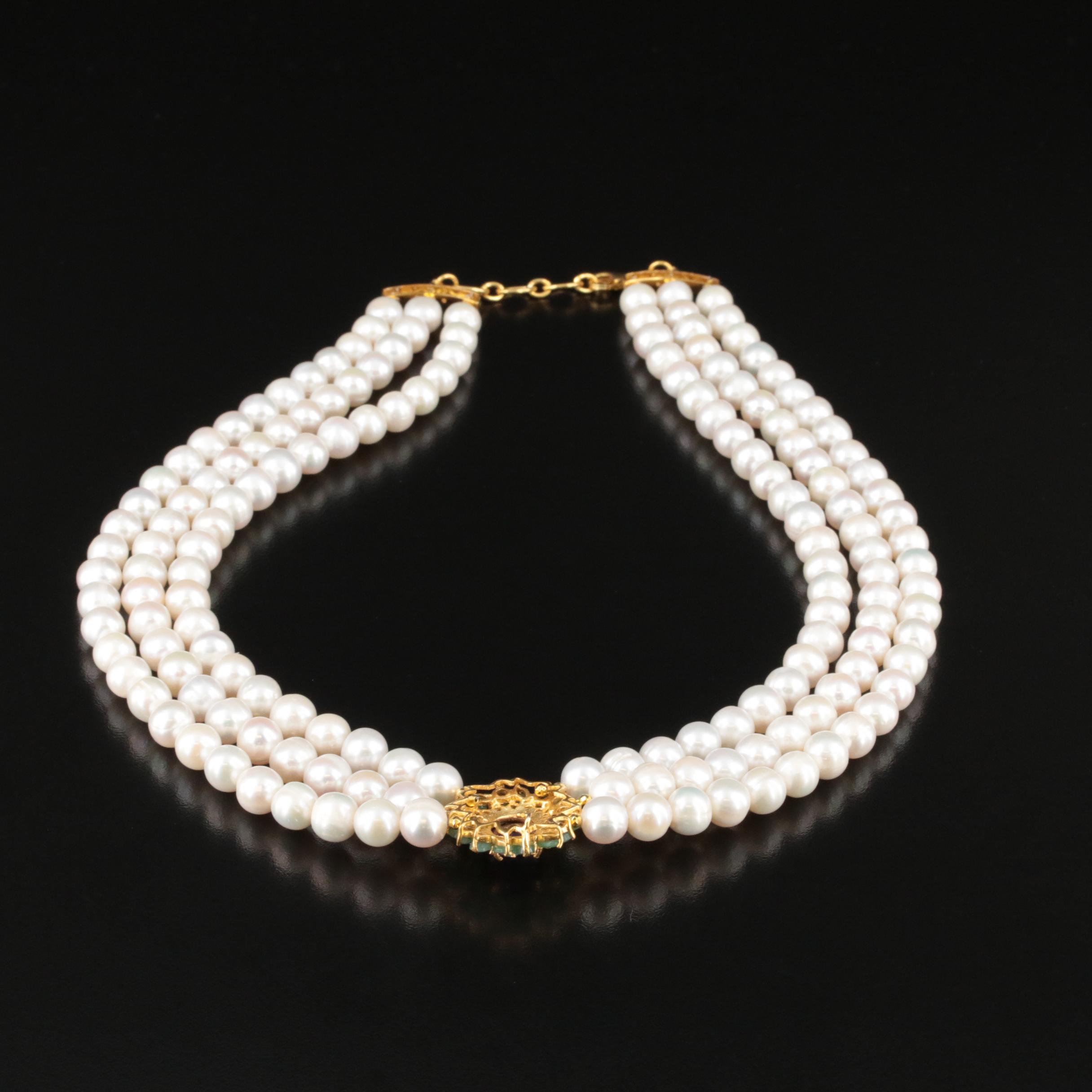 Sterling Pearl, Emerald and Amethyst Necklace