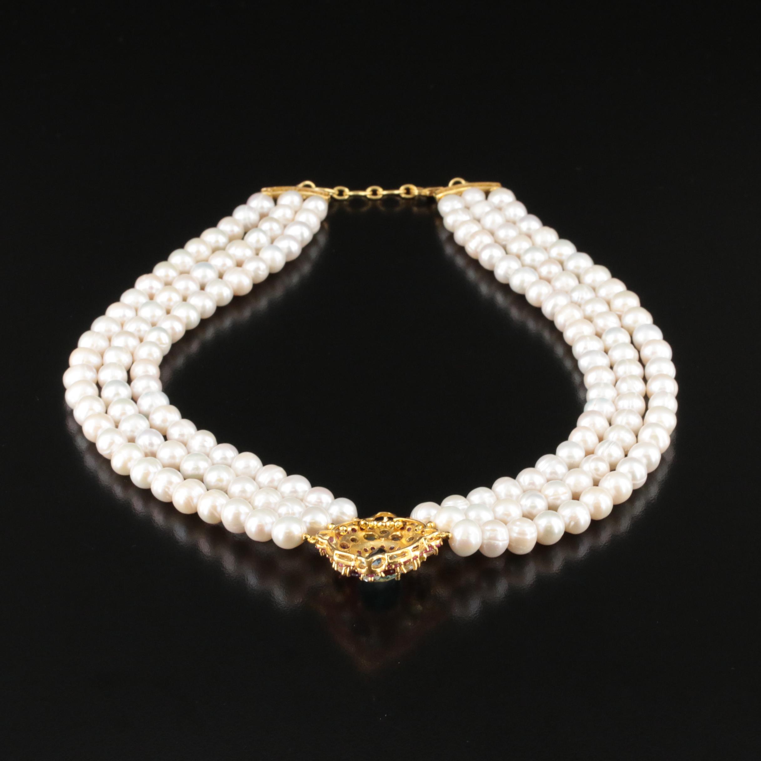Sterling Necklace Including Pearl, Topaz and Ruby