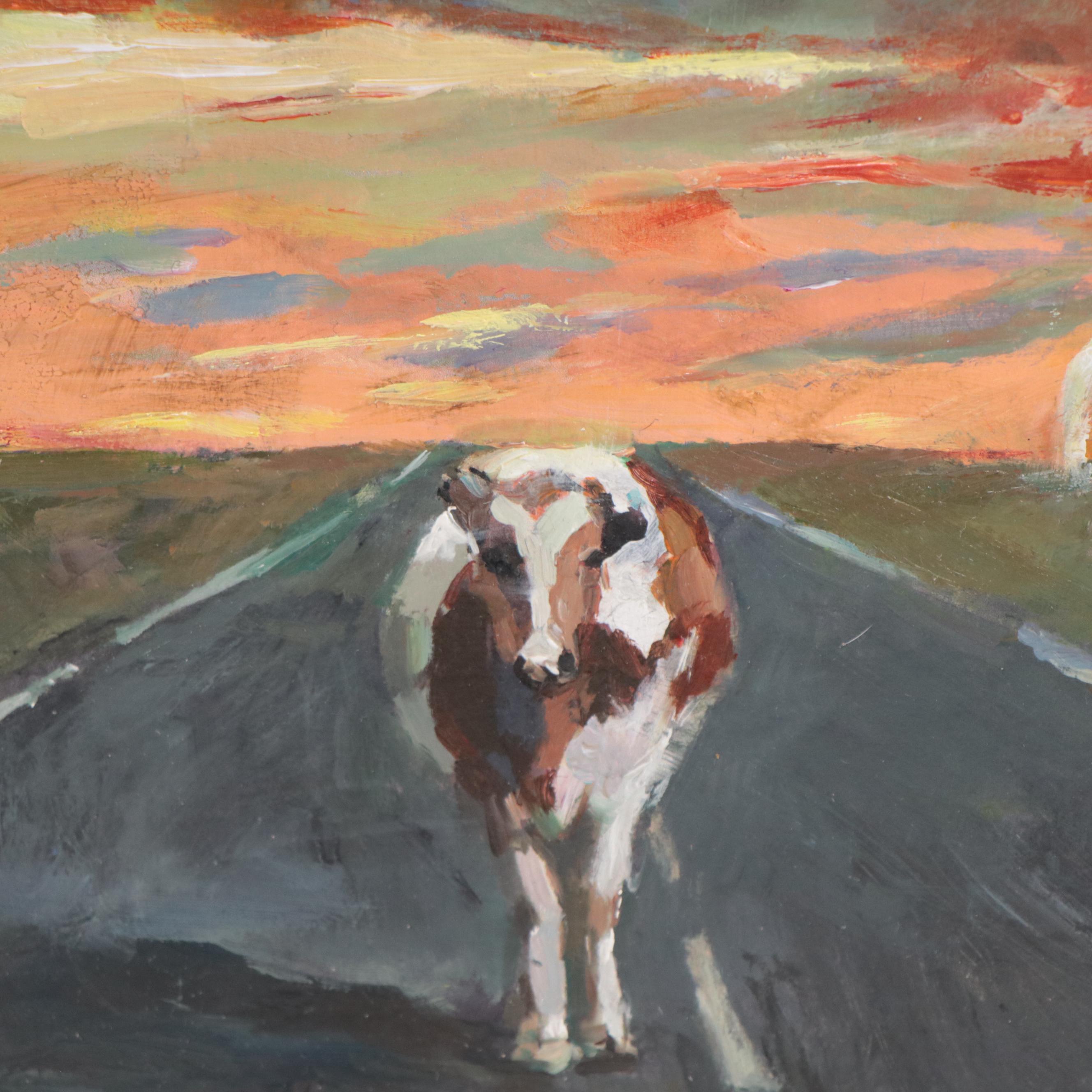 Agnes Rey Oil Painting of Cow In Landscape "Tornado," 2023