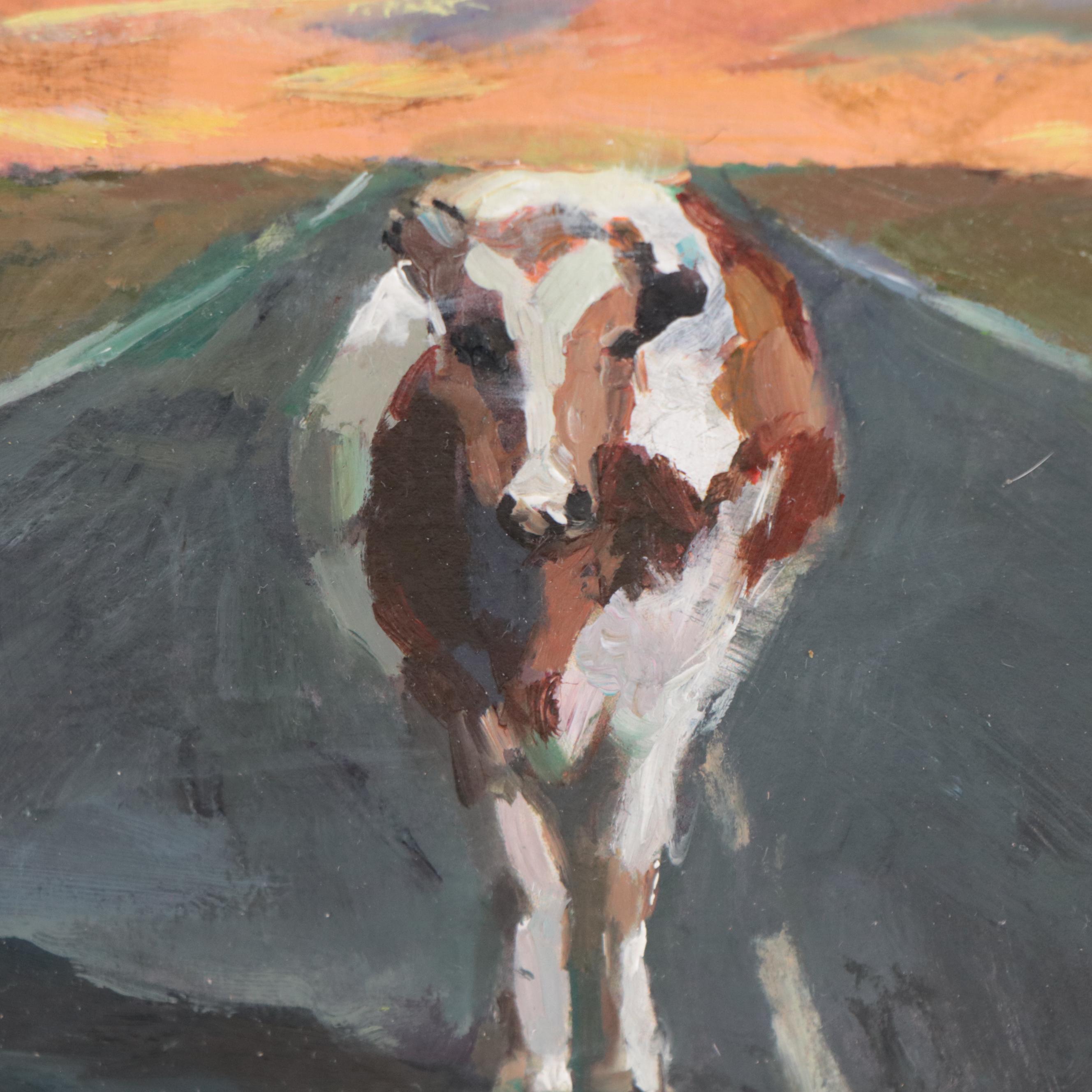 Agnes Rey Oil Painting of Cow In Landscape "Tornado," 2023