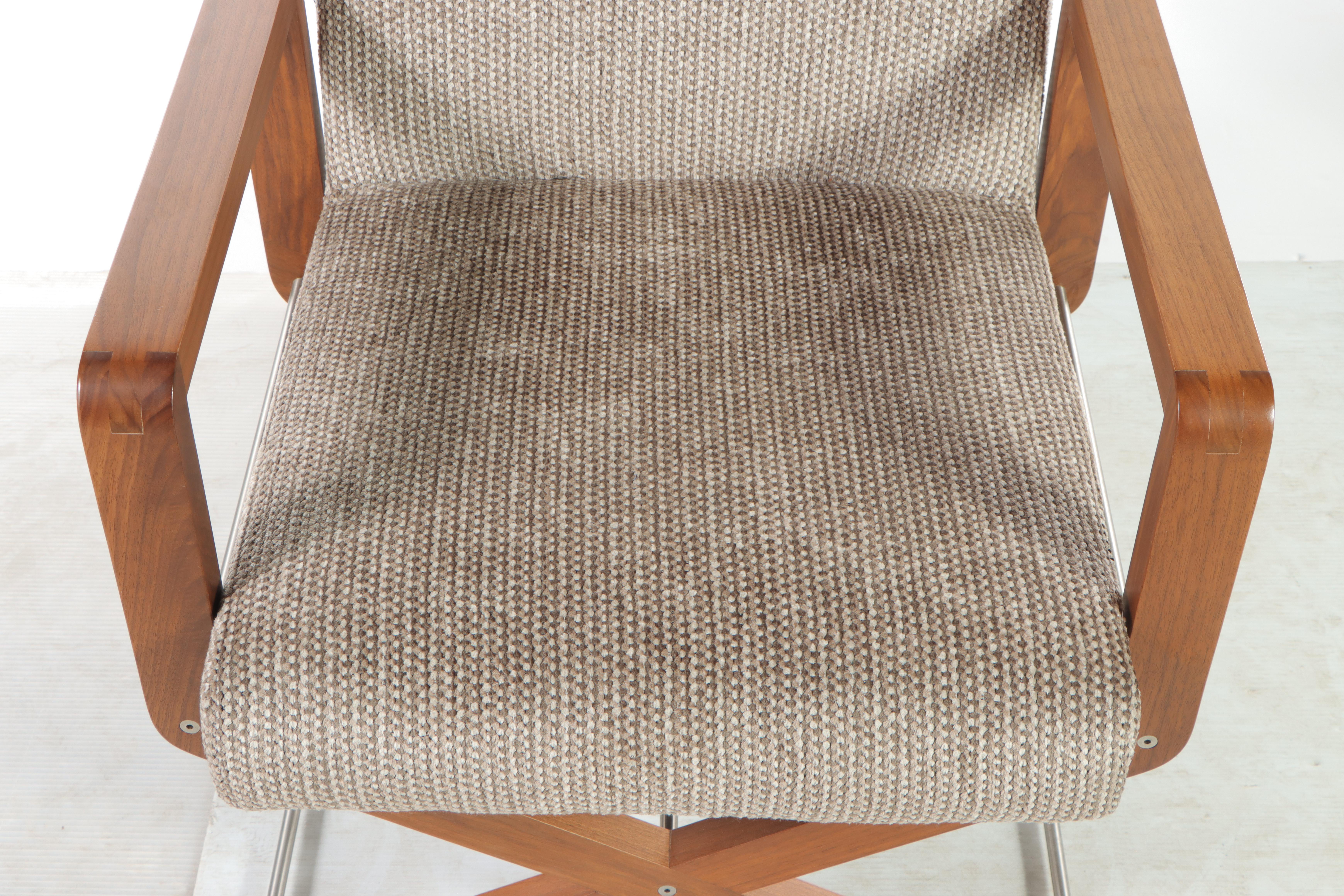 Pair of American Leather "Phillip" Stainless Steel-Mounted Walnut Armchairs