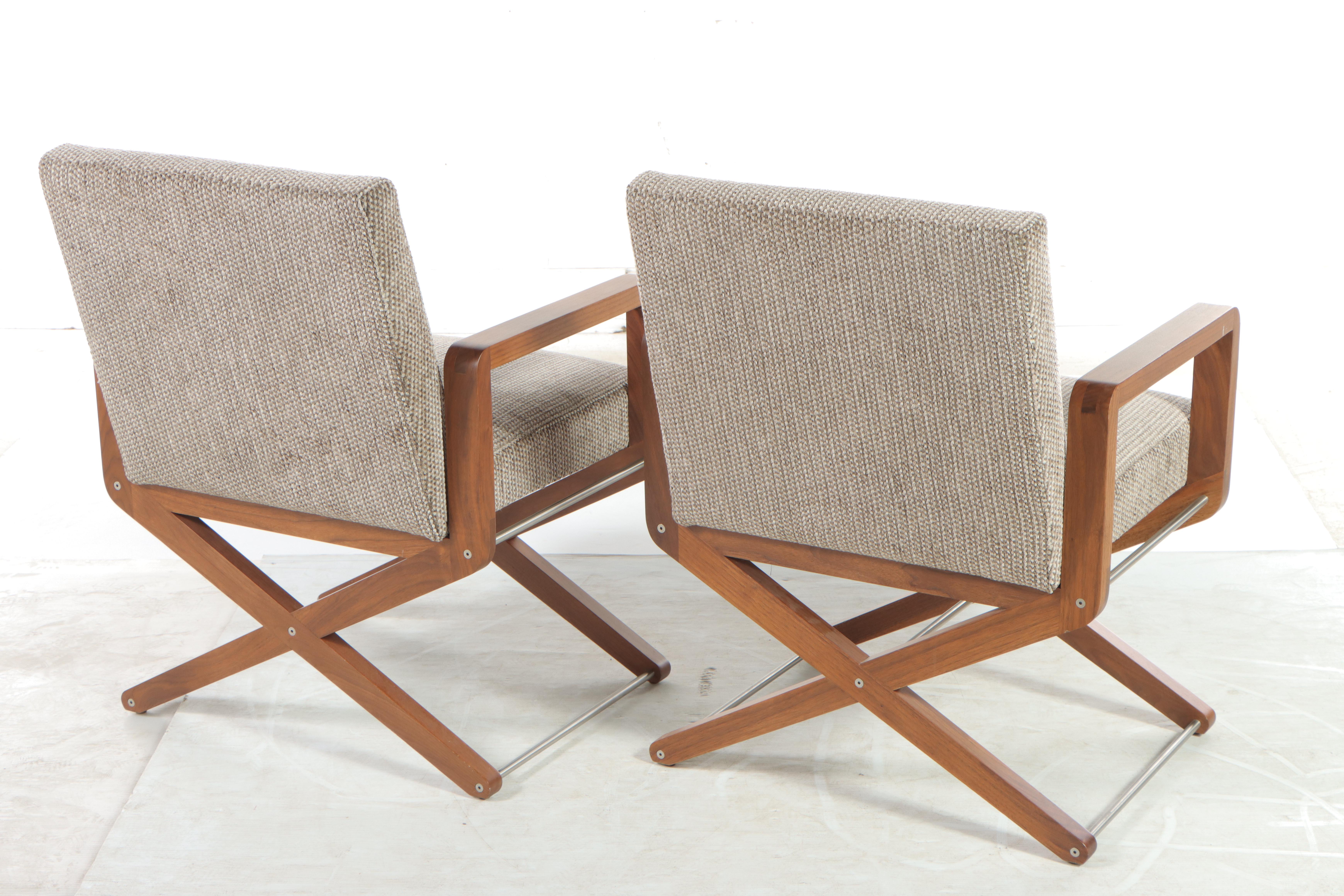 Pair of American Leather "Phillip" Stainless Steel-Mounted Walnut Armchairs