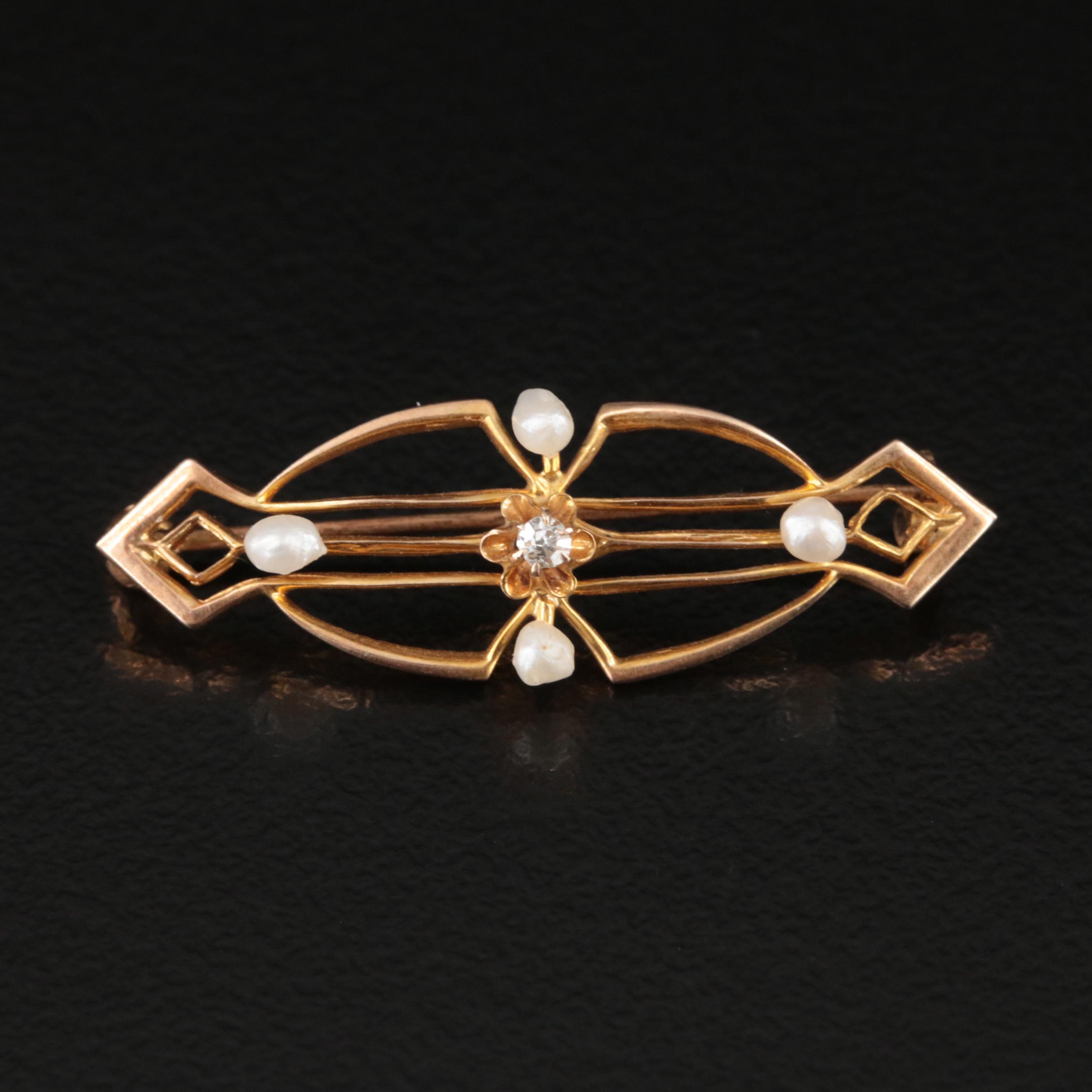 Art Nouveau 10K Diamond and Seed Pearl Brooch