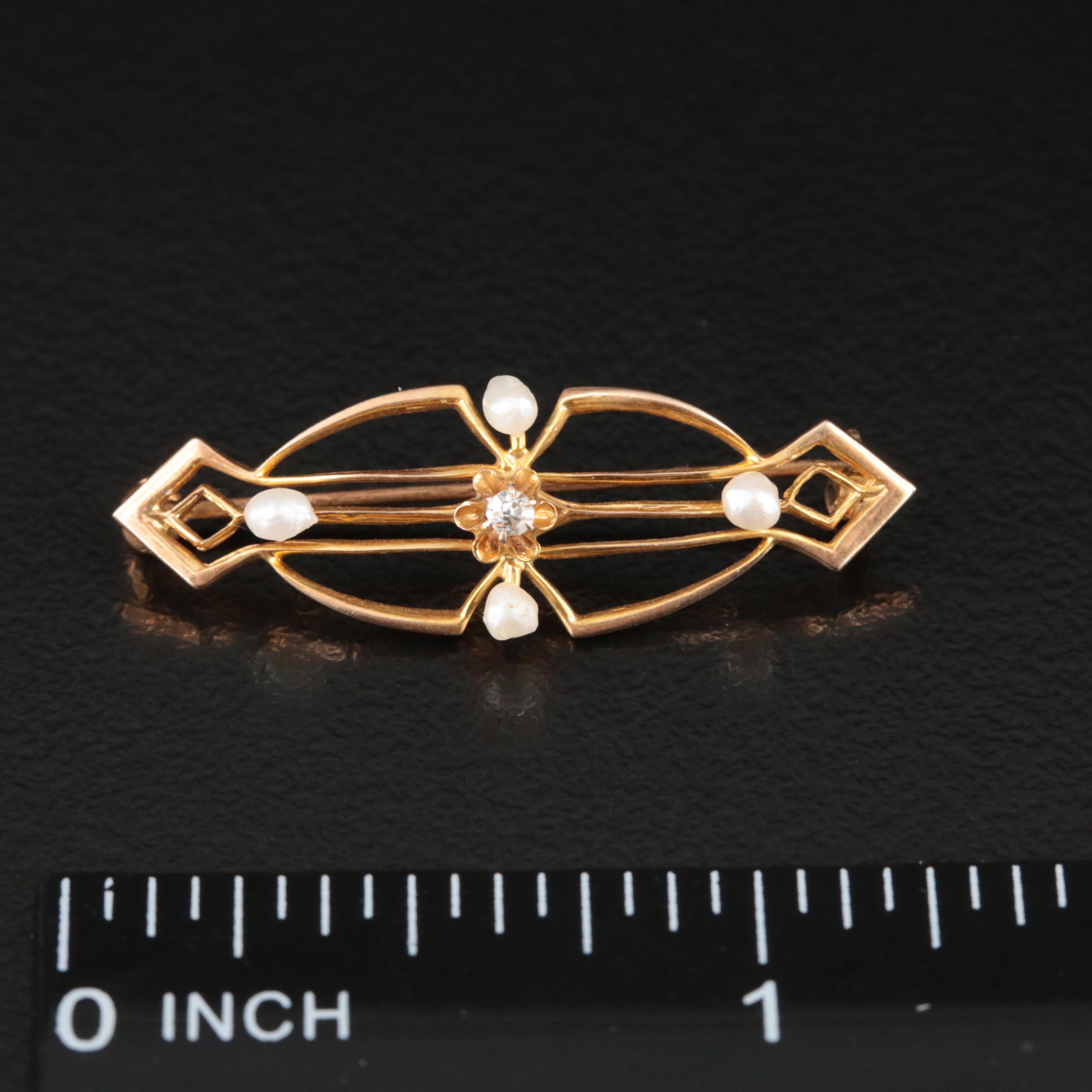 Art Nouveau 10K Diamond and Seed Pearl Brooch