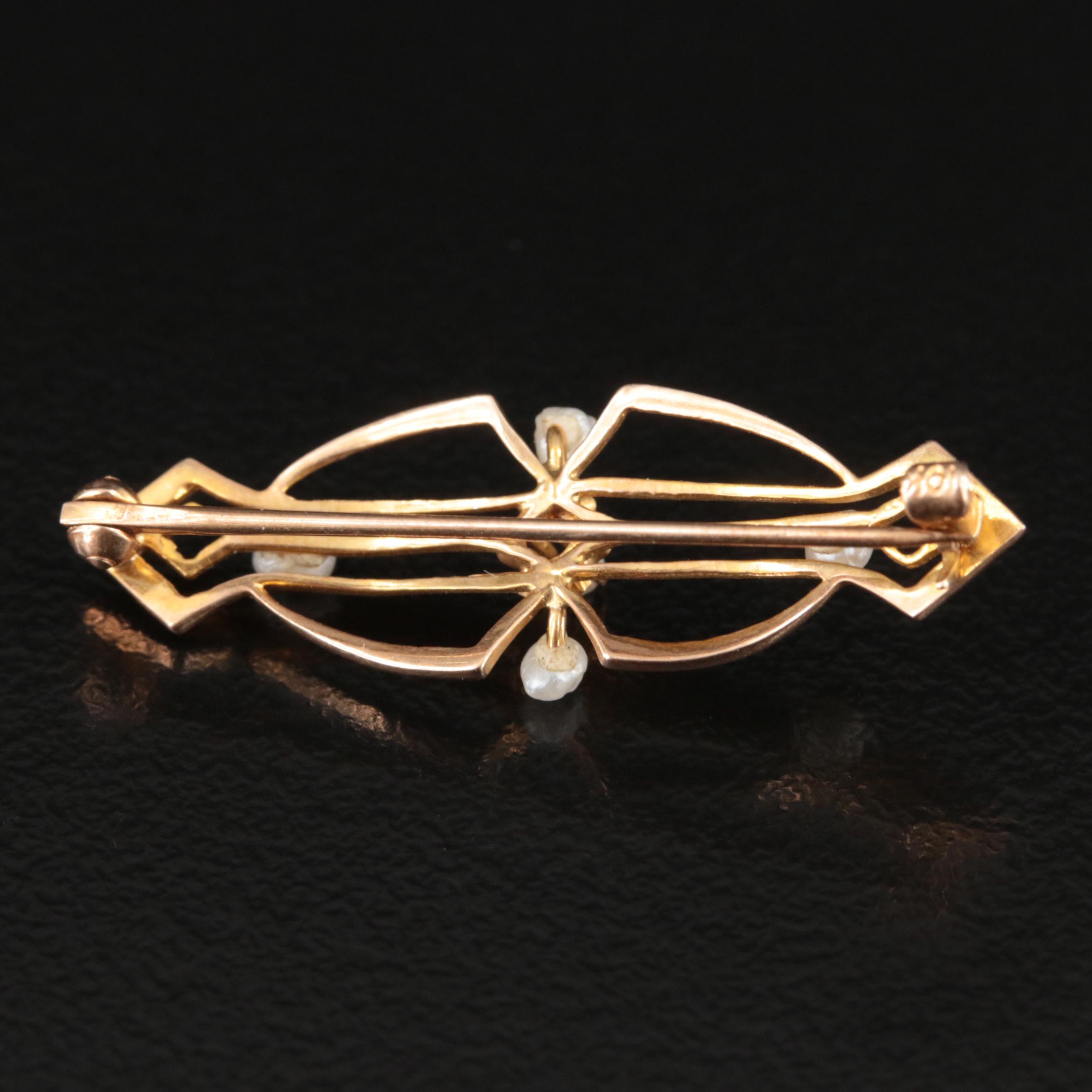 Art Nouveau 10K Diamond and Seed Pearl Brooch