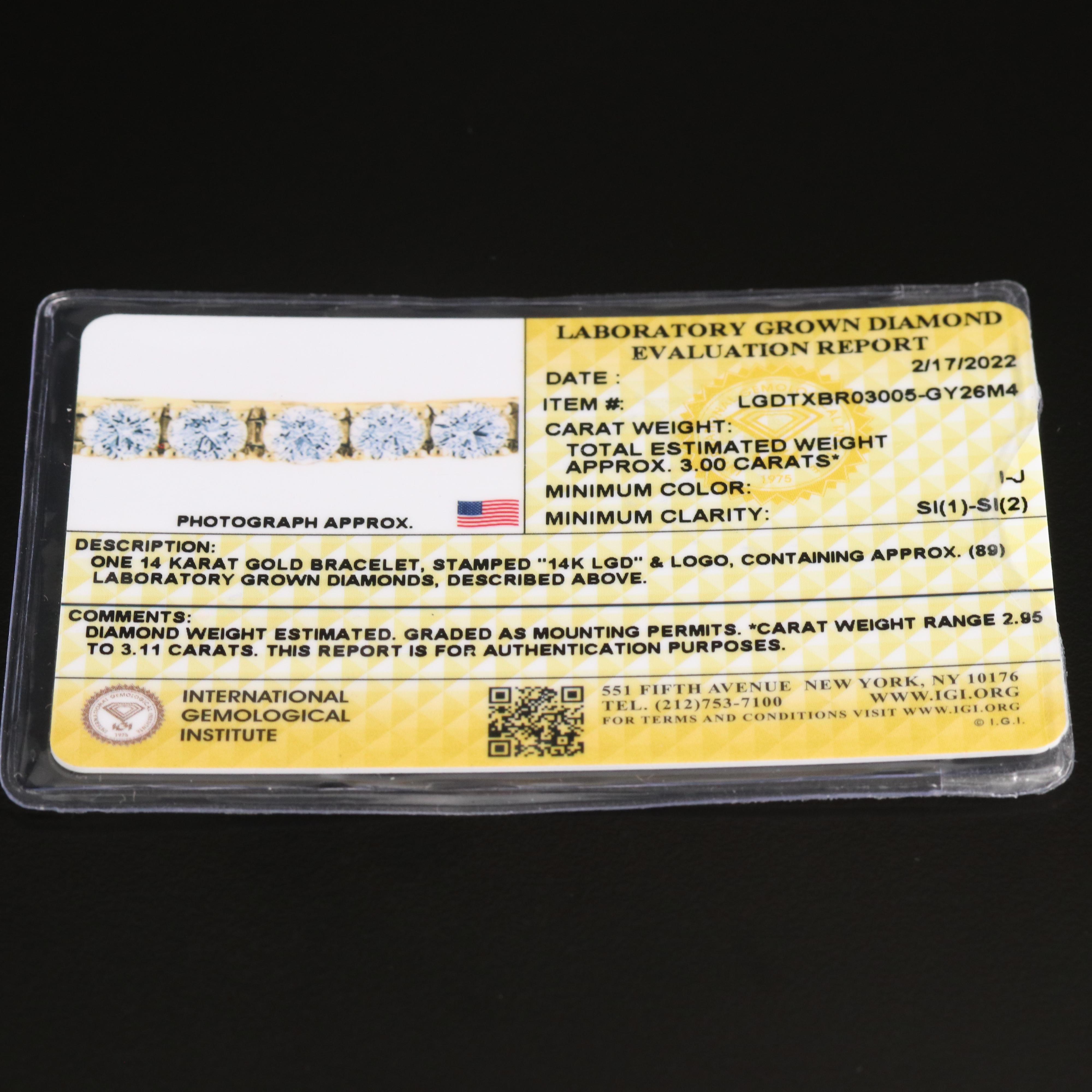 14K 3.00 CTW Lab Grown Diamond Line Bracelet with IGI Report