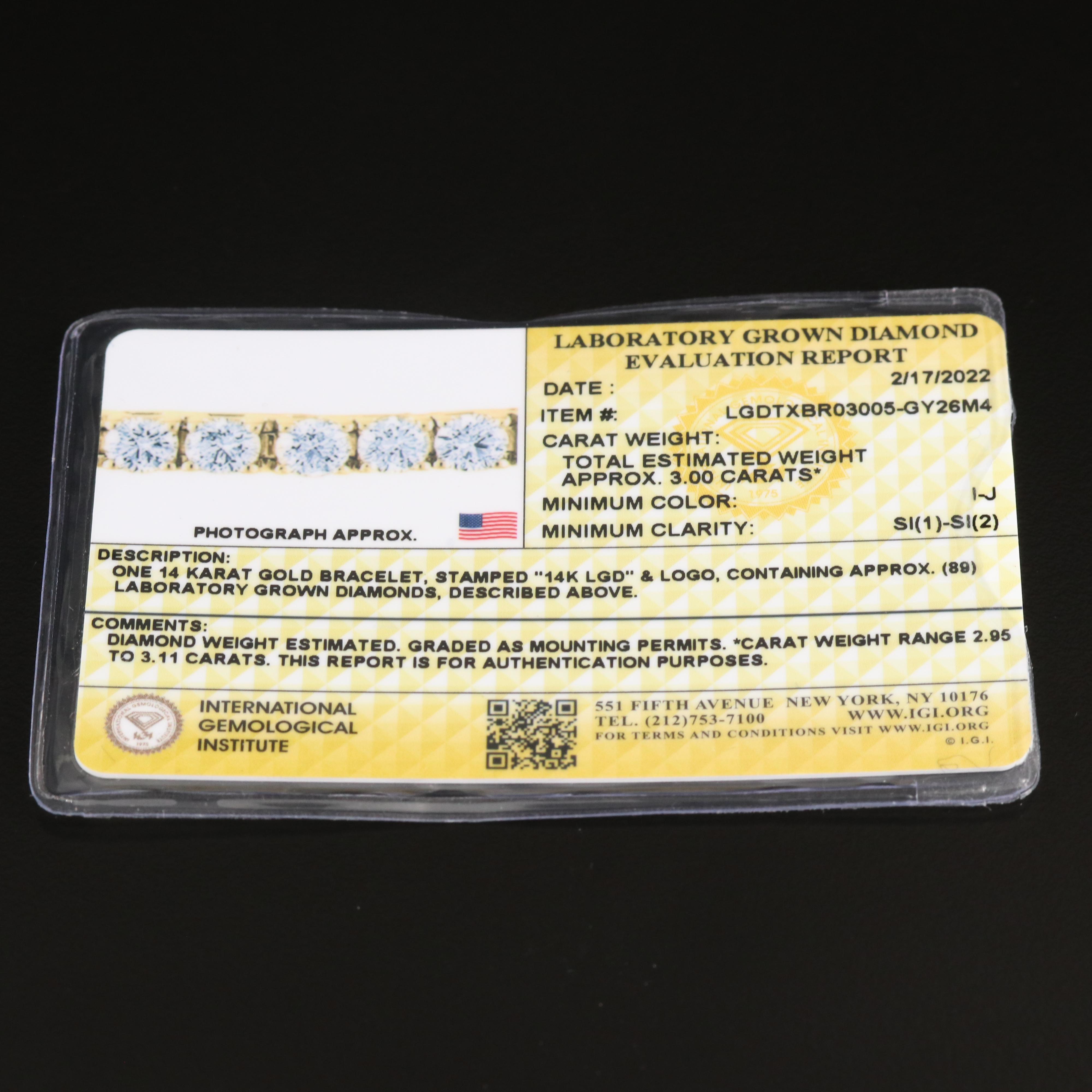 14K 3.00 CTW Lab Grown Diamond Line Bracelet with IGI Report