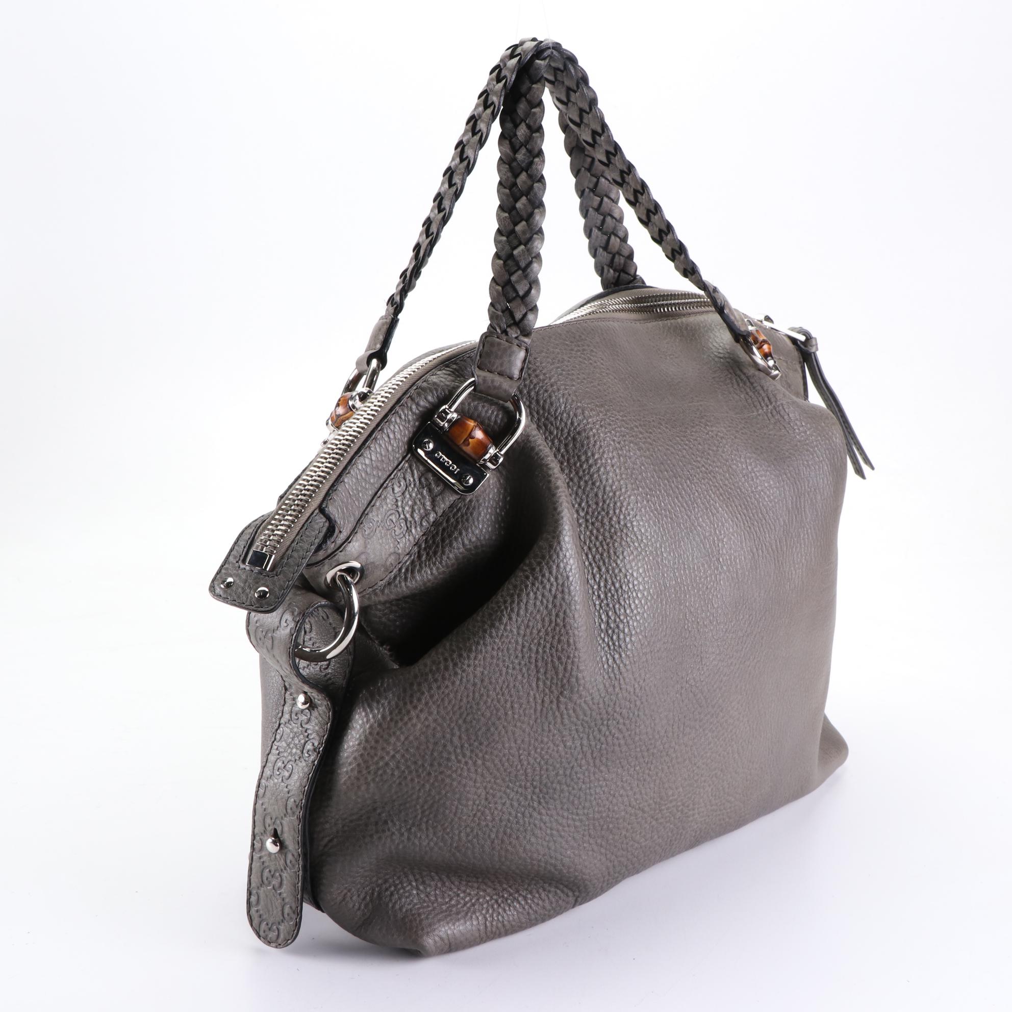 Gucci Bamboo Bar Large Shoulder Bag in Grain Leather and Guccissima