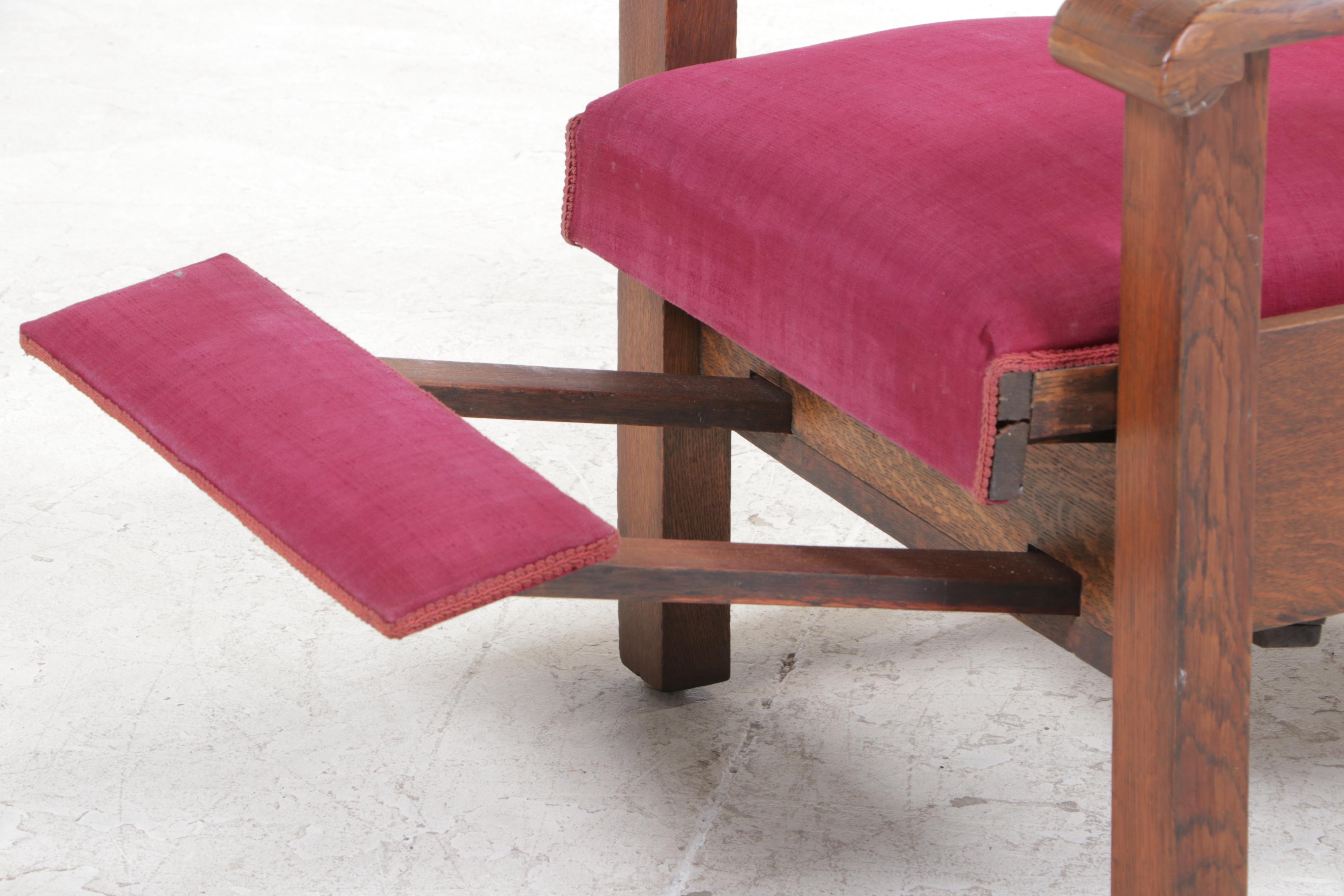 Arts and Crafts Oak and Upholstered Reclining Armchair