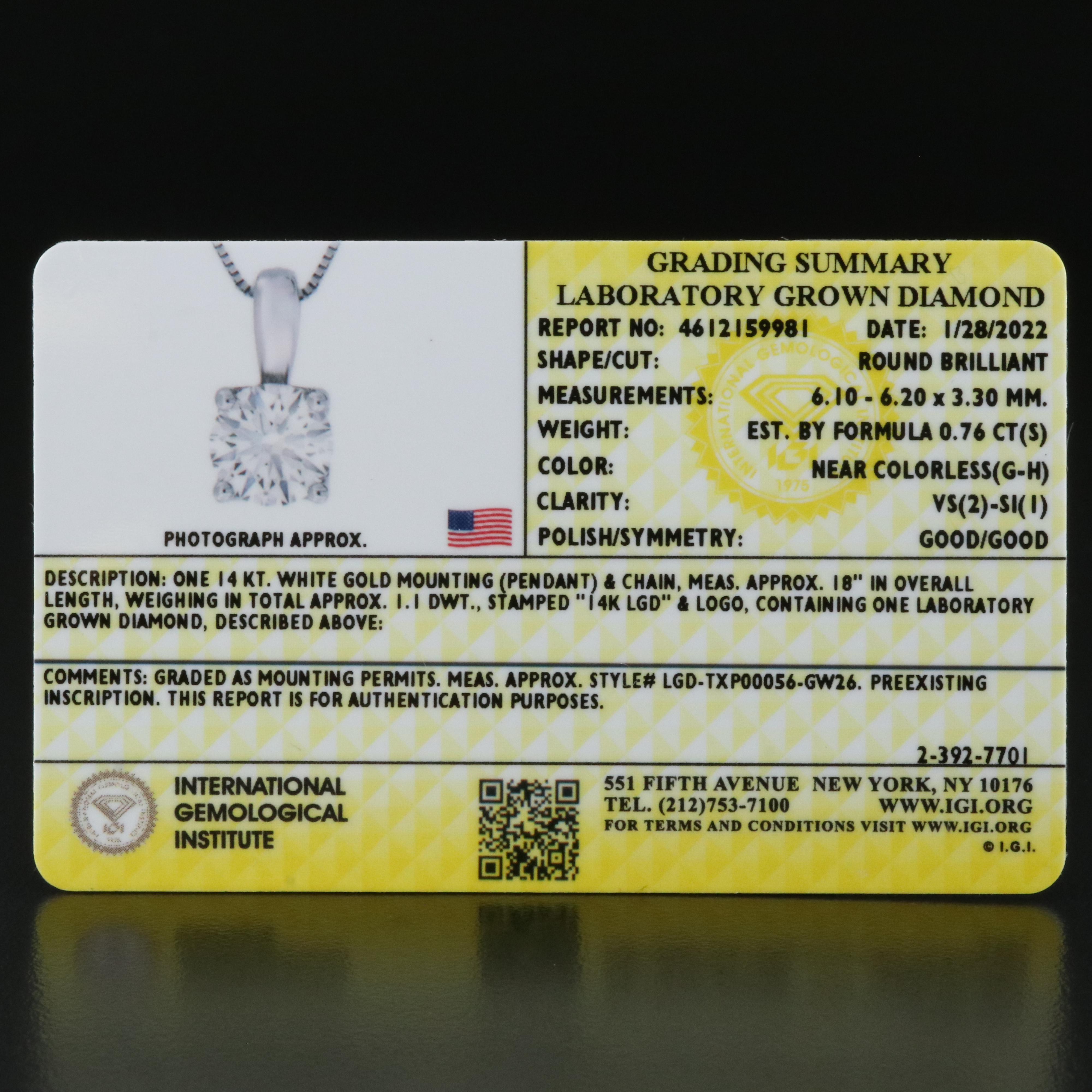 14K 0.76 CT Lab Grown Diamond Pendant Necklace with IGI Report