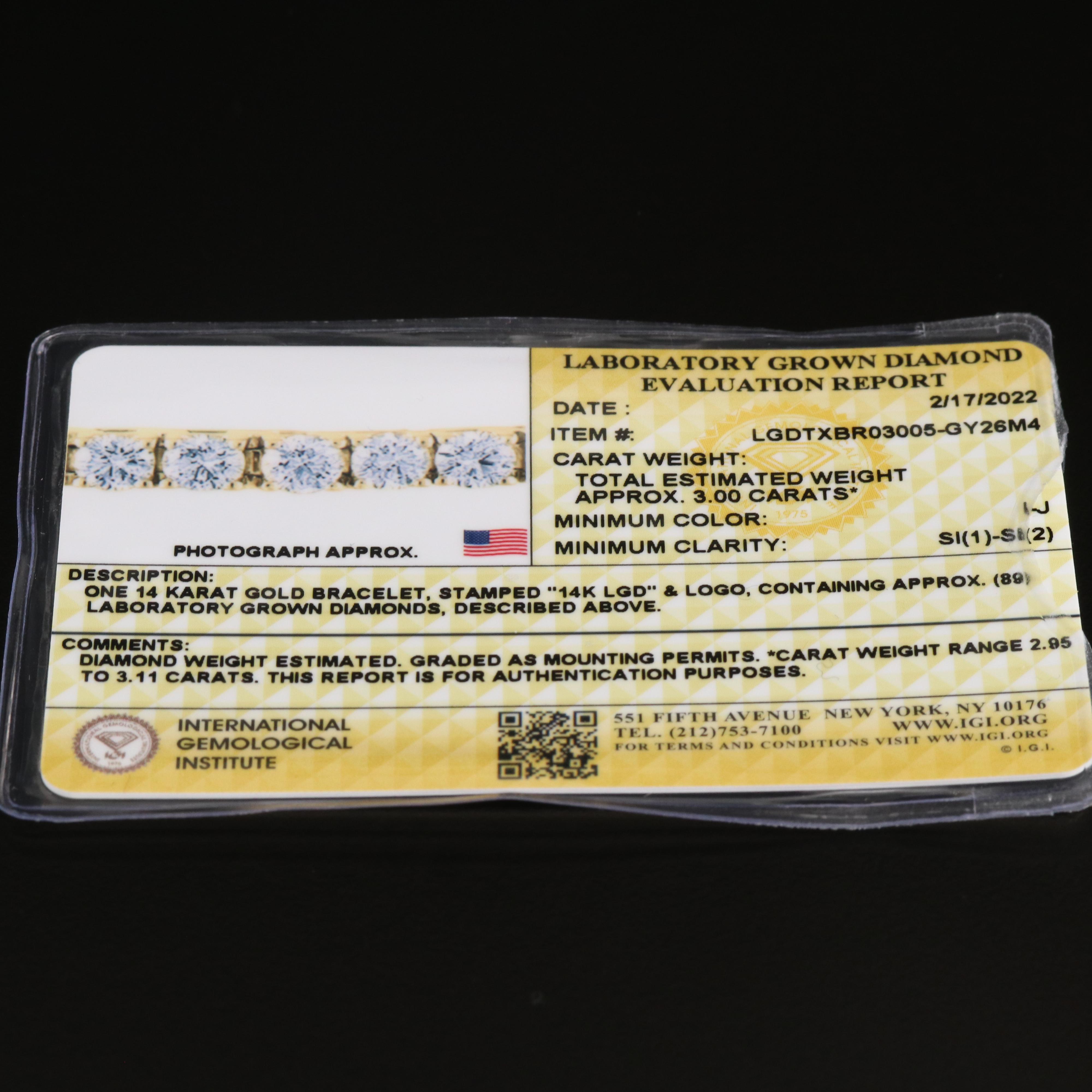 14K 3.00 CTW Lab Grown Diamond Line Bracelet with IGI Report