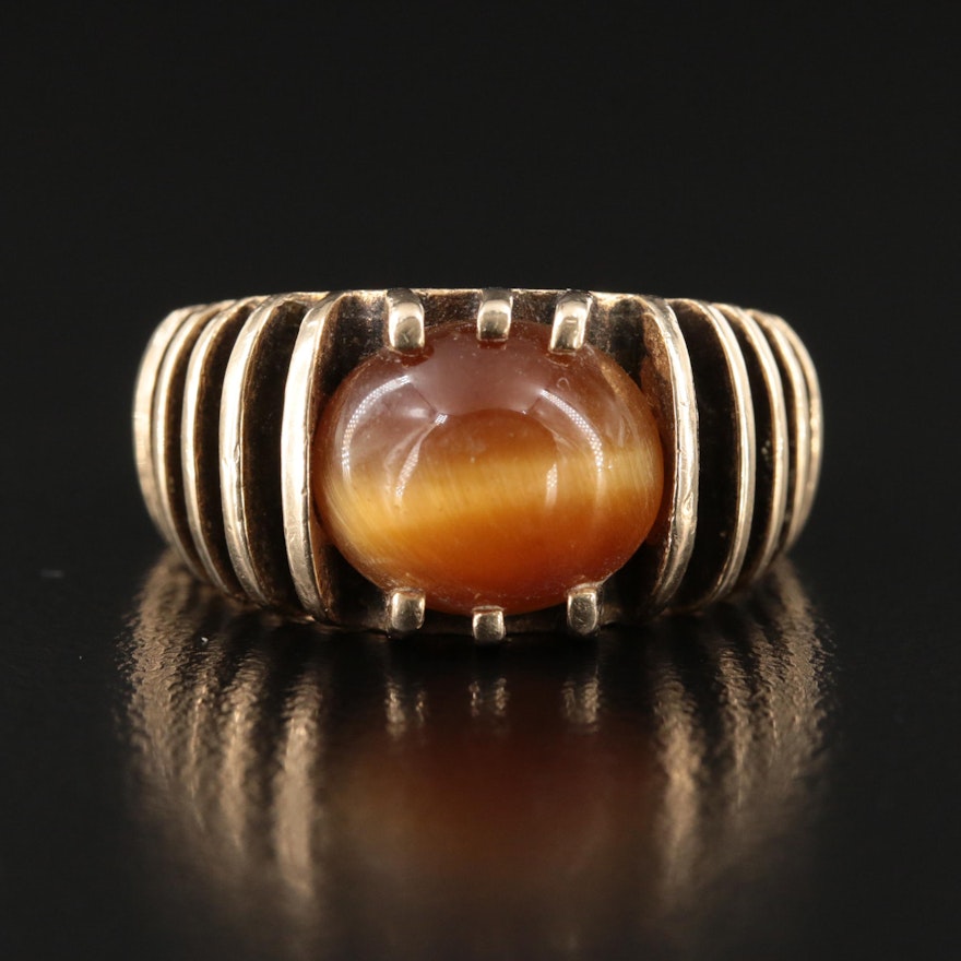 1970s 14K Cat's Eye Tiger Eye Fluted Ring