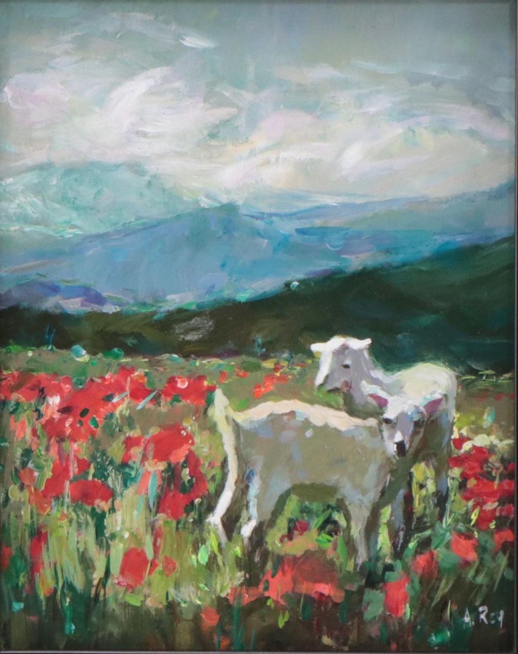 Agnes Rey Oil Painting of Lambs In Landscape "Mountain Breeze," 2022