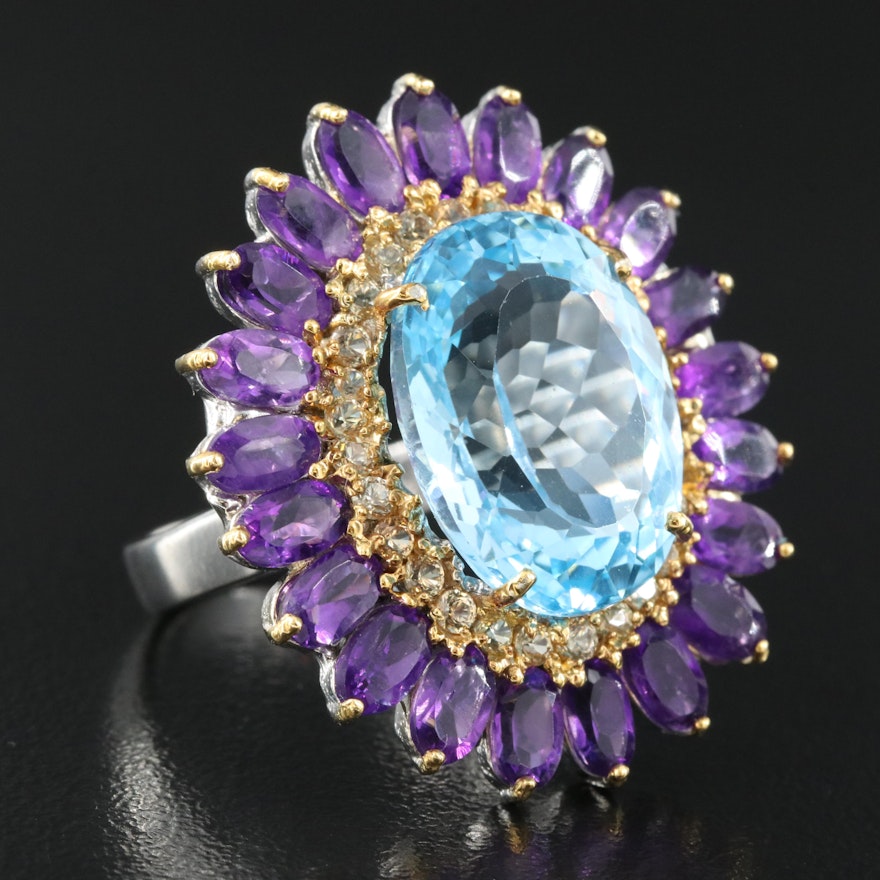 Sterling Sky Blue Topaz, Amethyst and Sapphire Ring