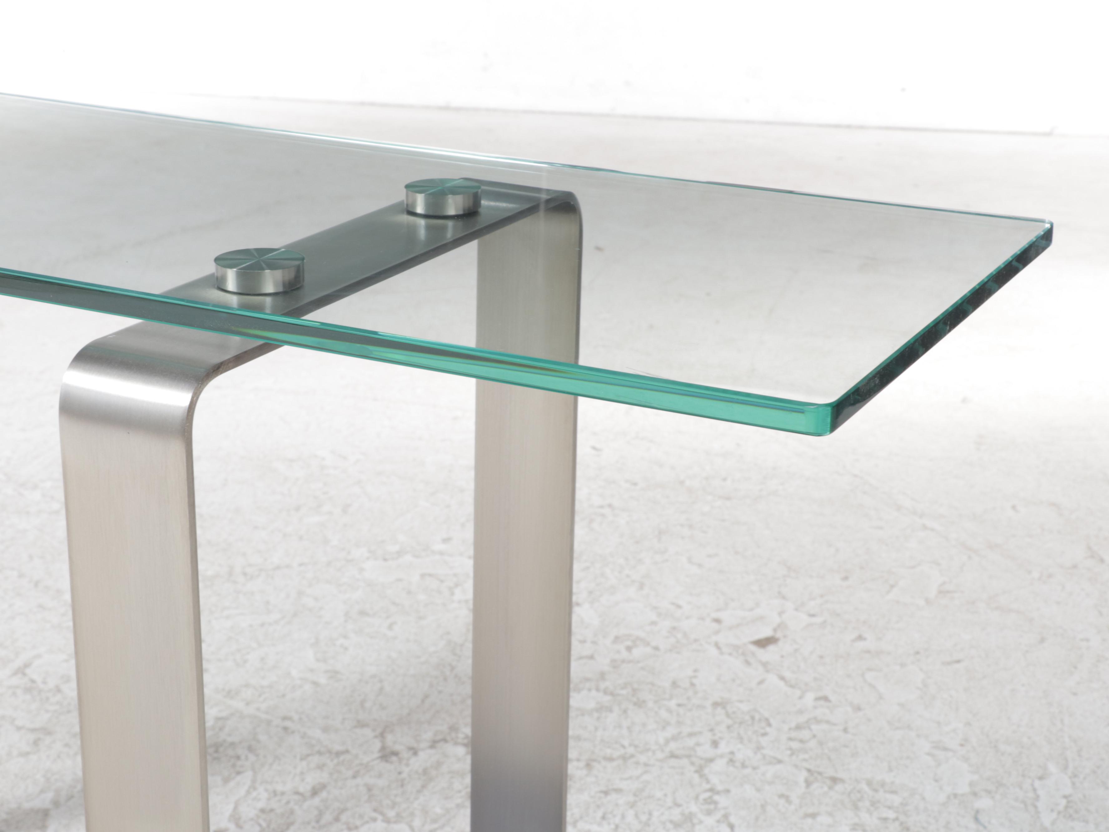 Modernist Style Brushed Steel, Hardwood-Veneered, and Glass Top Console Table
